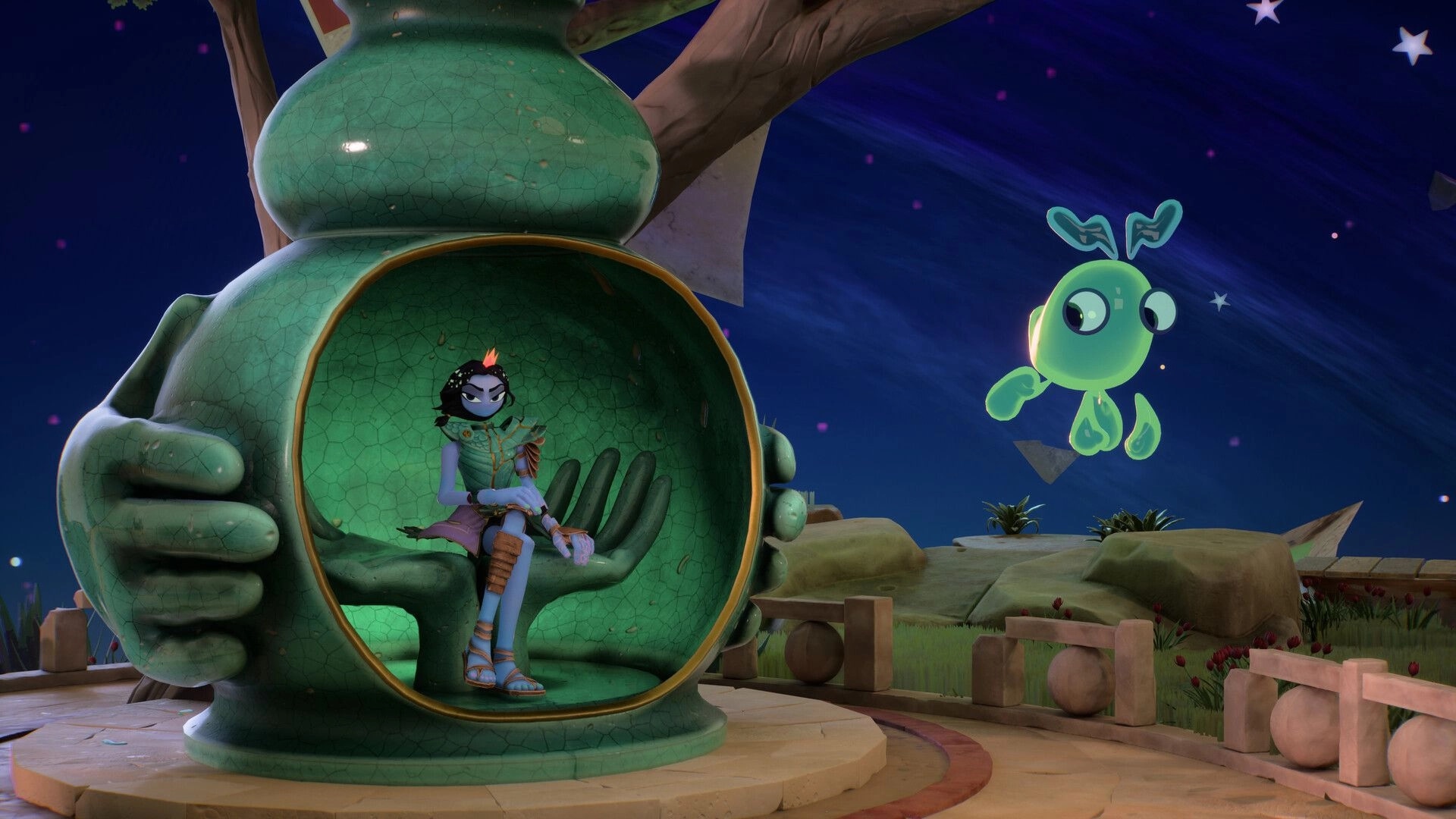 Kiln: Spirit character seated in large ceramic hand structure with floating green creature in starry night setting