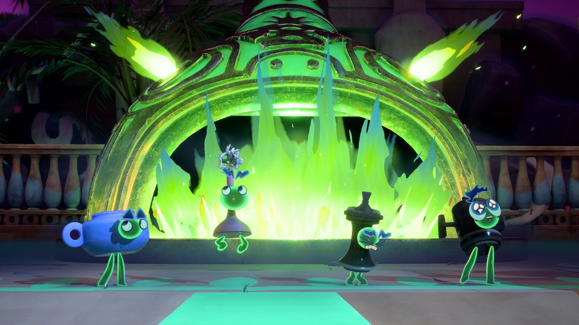 Kiln: Four colorful spirits with pottery heads in front of a glowing green kiln in a vibrant courtyard