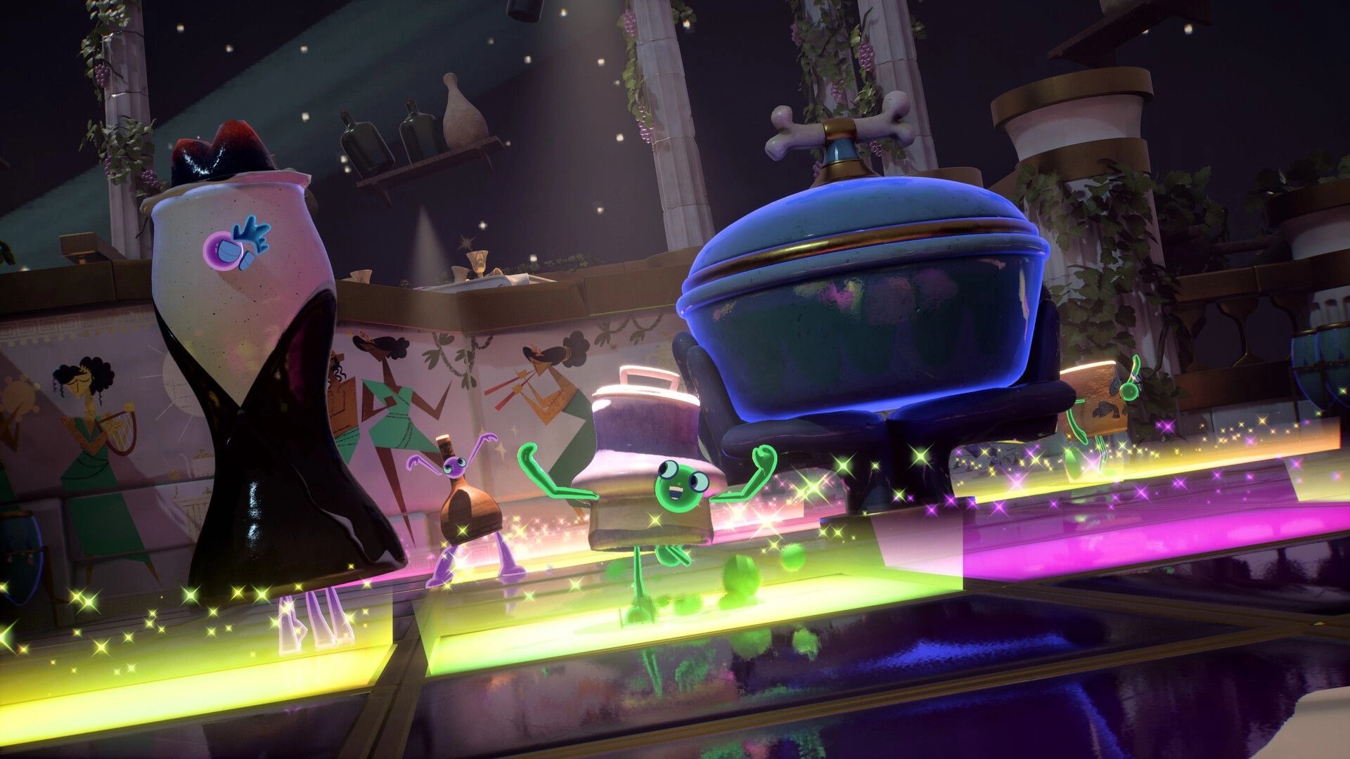 Kiln: Colorful spirits dance on a glowing platform surrounded by pottery and ancient temple decor.