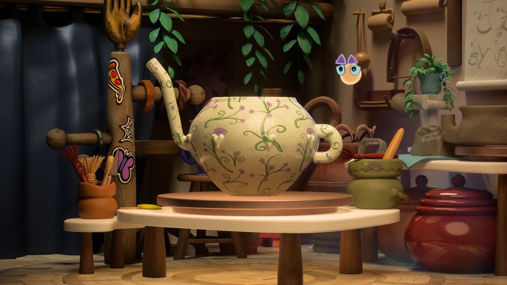 Kiln: Decorative teapot on pottery wheel in cozy workshop with tools, plants, and ceramic jars nearby.