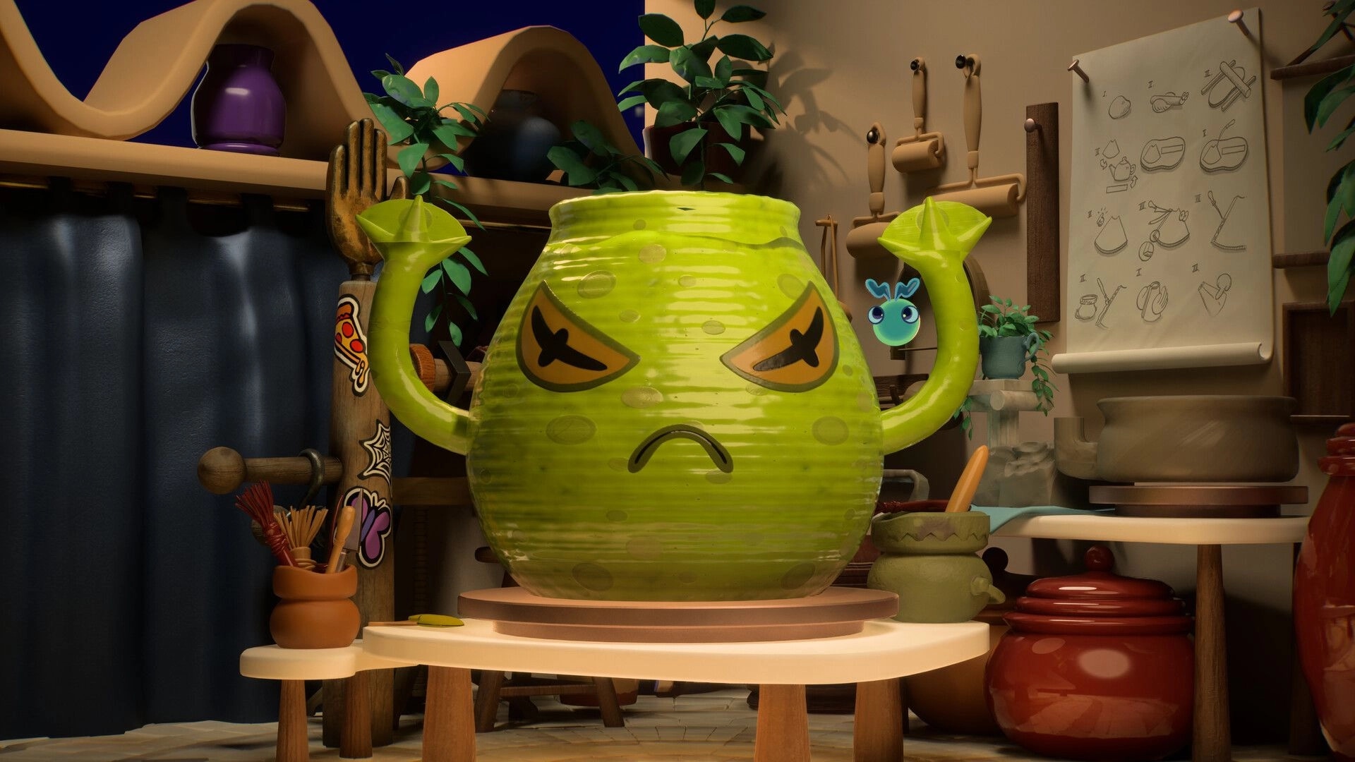 Kiln: Green pottery creature with angry face in a detailed workshop setting with tools and plants