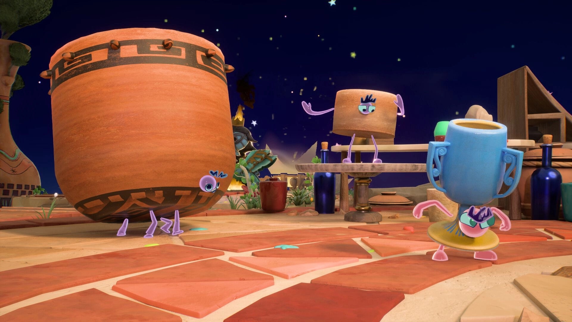 Kiln: Three colorful spirits sculpting pottery in a vibrant, starry outdoor setting with large vases.