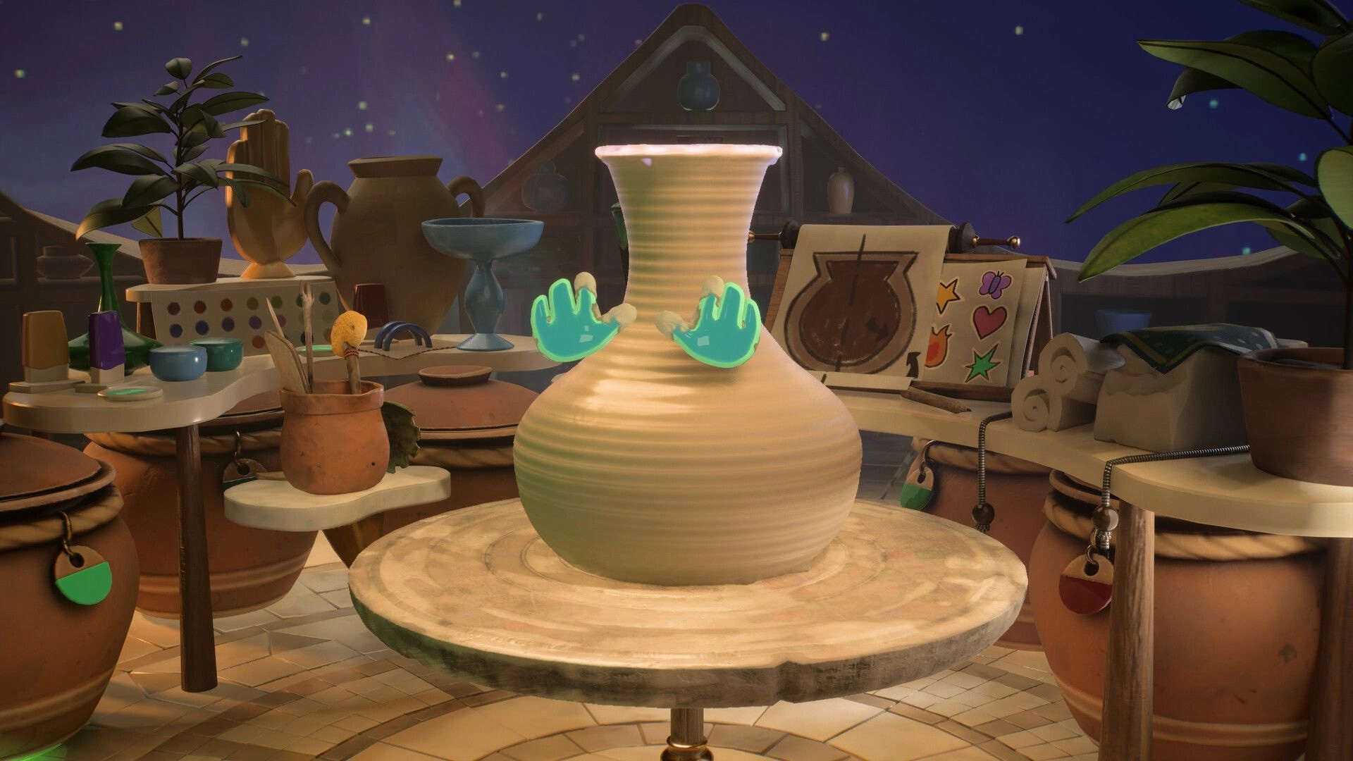 Kiln: Pottery wheel with neon hands sculpting vase in cozy workshop filled with tools and decorations