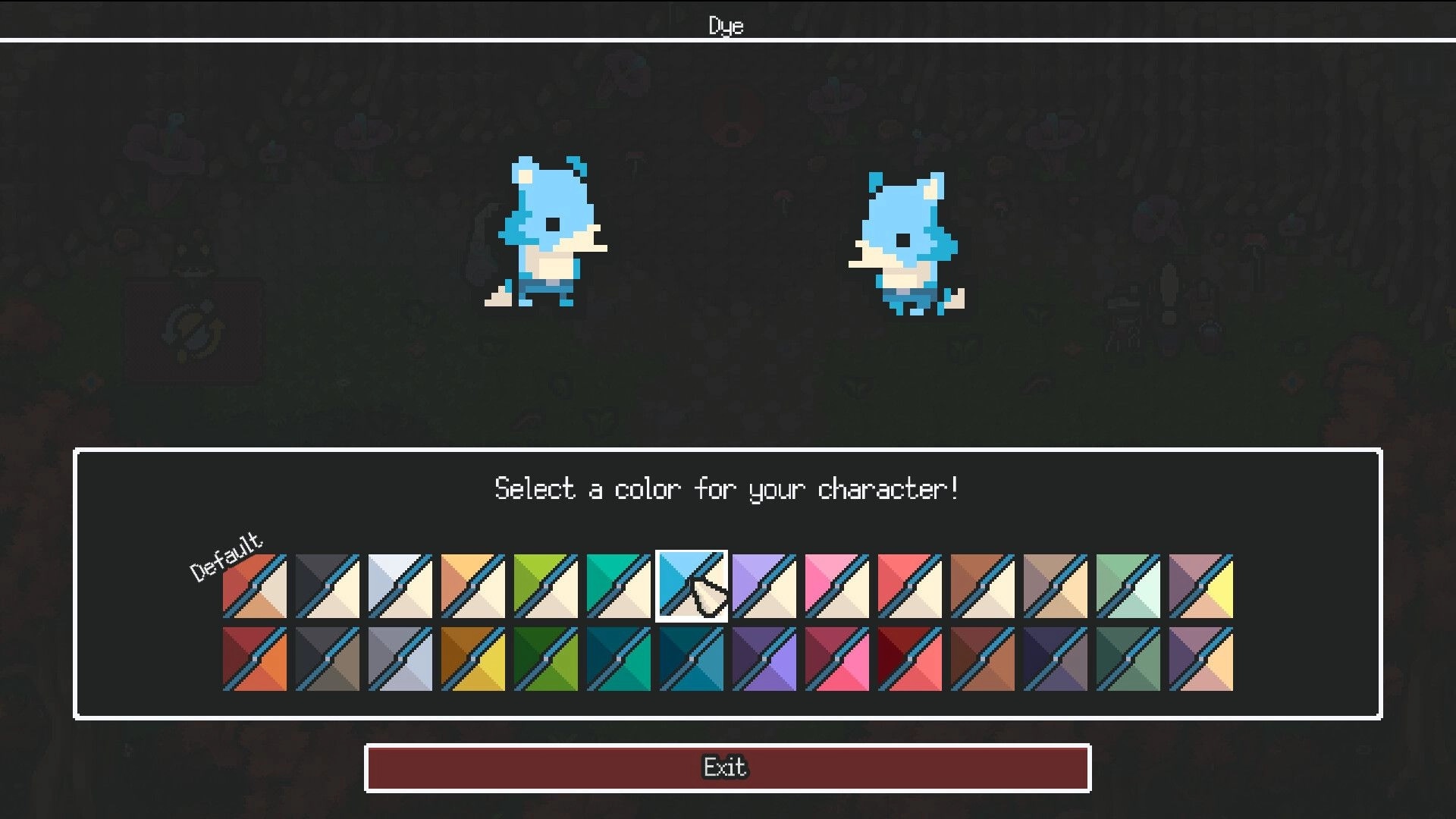 Kin and Conquest: Dye menu with two pixel characters and a color palette grid on dark backdrop.