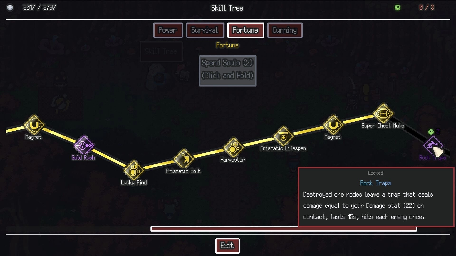 Kin and Conquest: Fortune skill tree with linked nodes and Rock Traps tooltip in menu screen.
