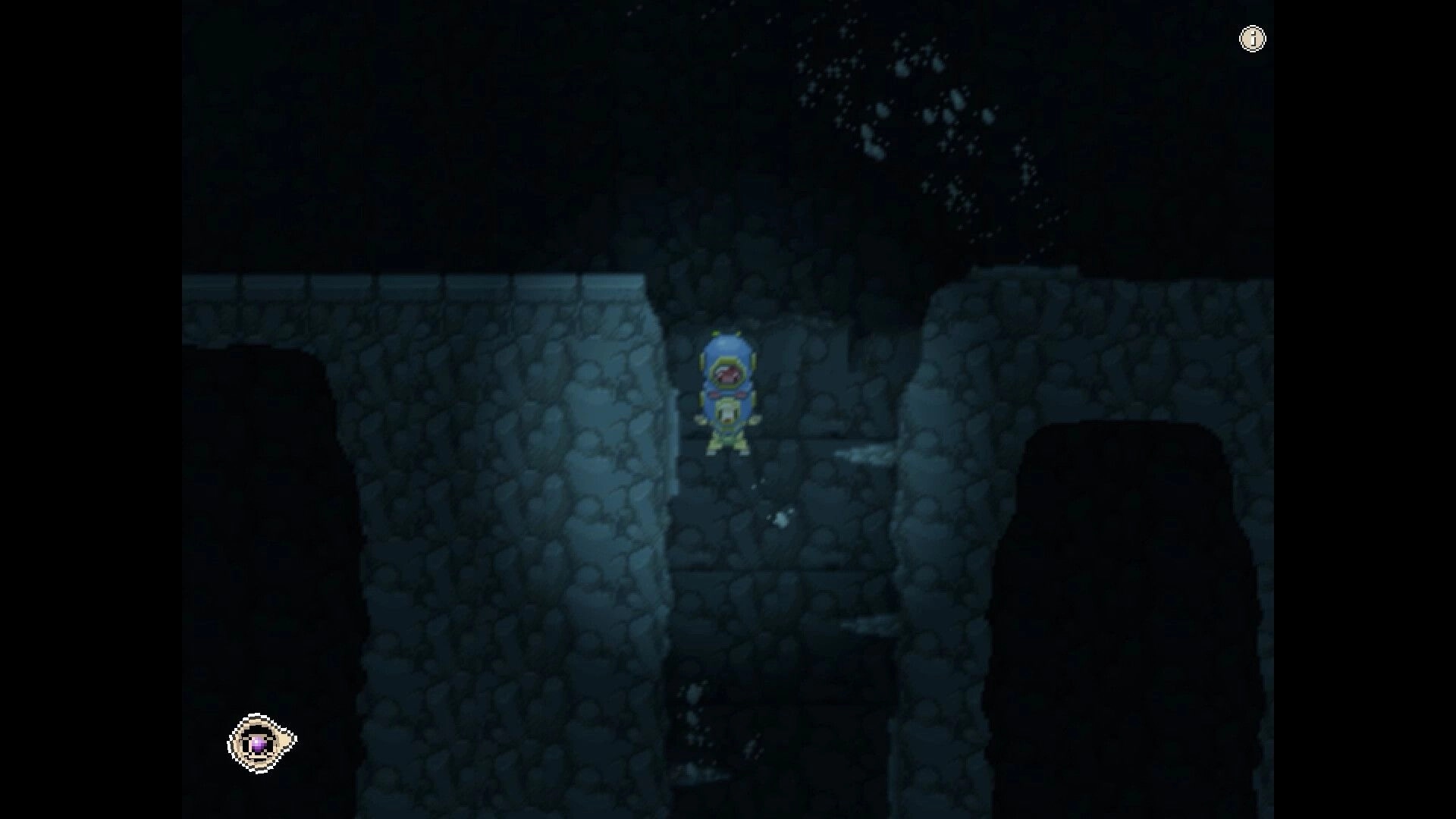 KIN: Explorer character climbs a stone ladder between ledges in a dark cave, info icons visible.