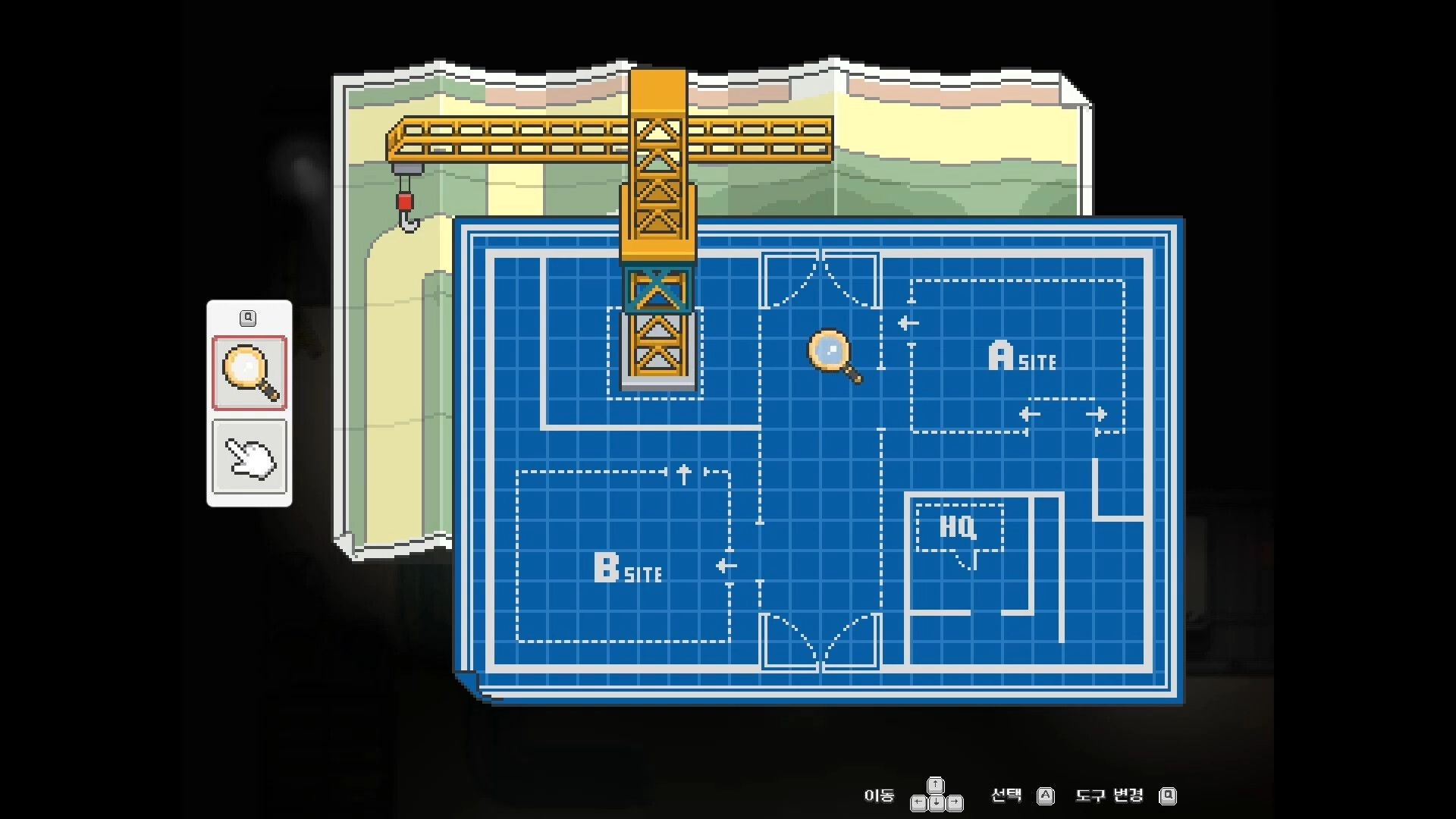 KIN: Blueprint map UI with A site, B site and HQ zones, crane at top and tool icons left.