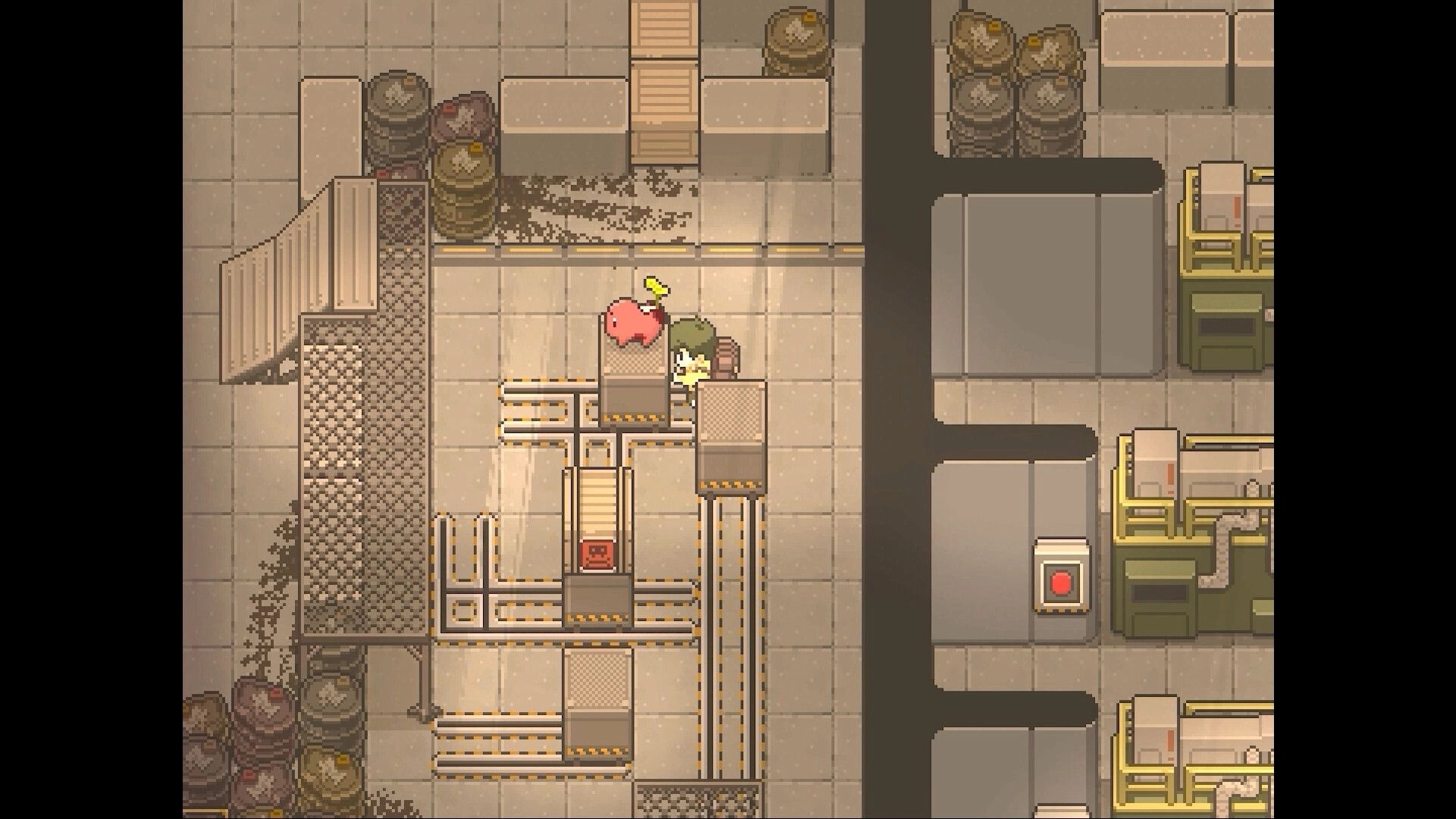 KIN: Player and pink companion navigate conveyor belts and crates in a tiled factory corridor.