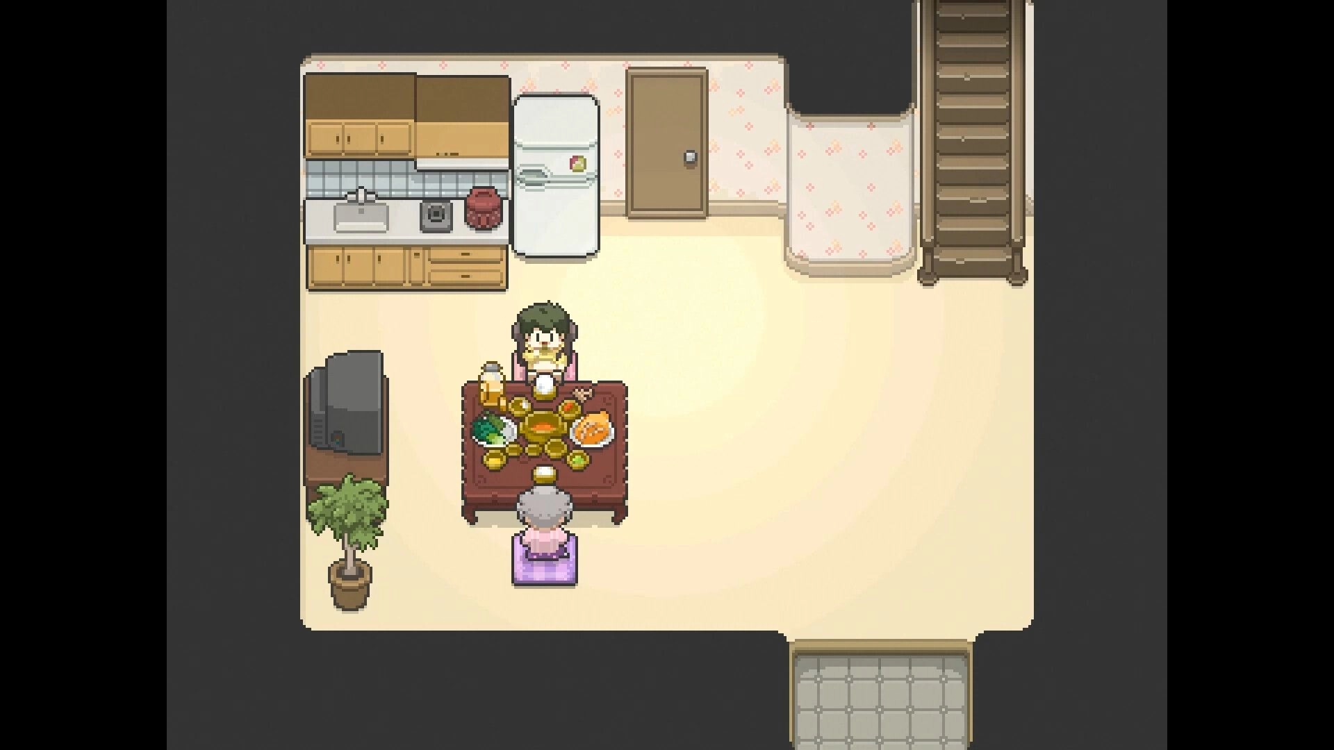 KIN: Two characters seated at a dining table with food, inside a cozy kitchen and living room area.