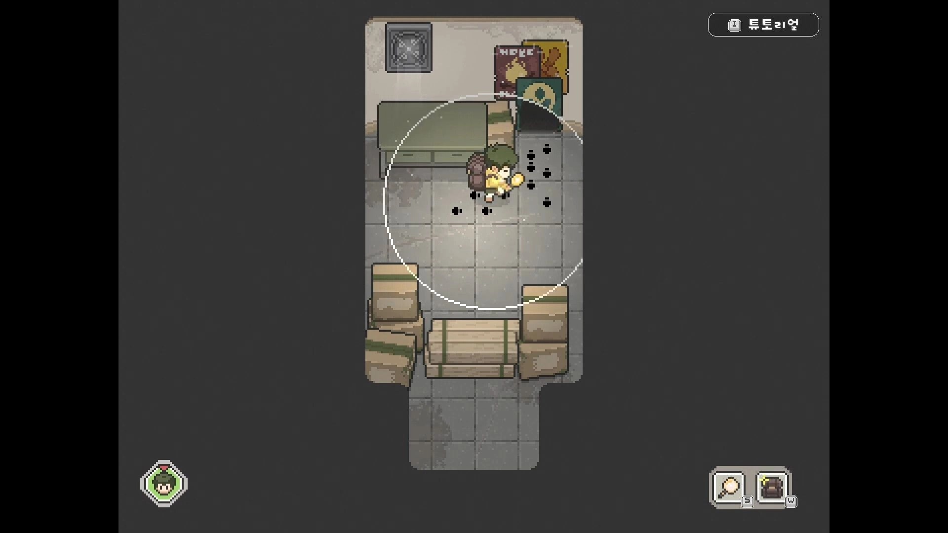 KIN: Top-down explorer holding a torch in a tiled room, with tutorial button and item icons UI.