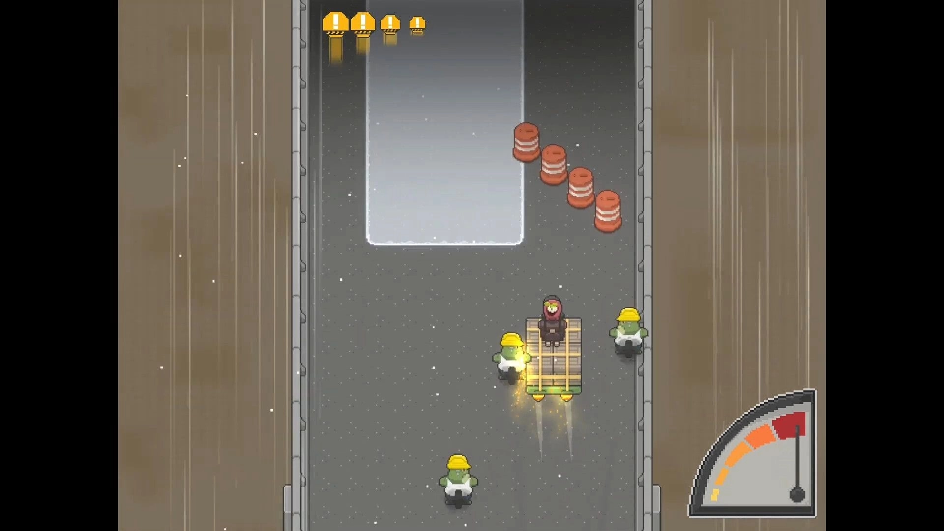 KIN: Cart escort on a snowy road with worker enemies, barrel obstacles, and a speed gauge UI.