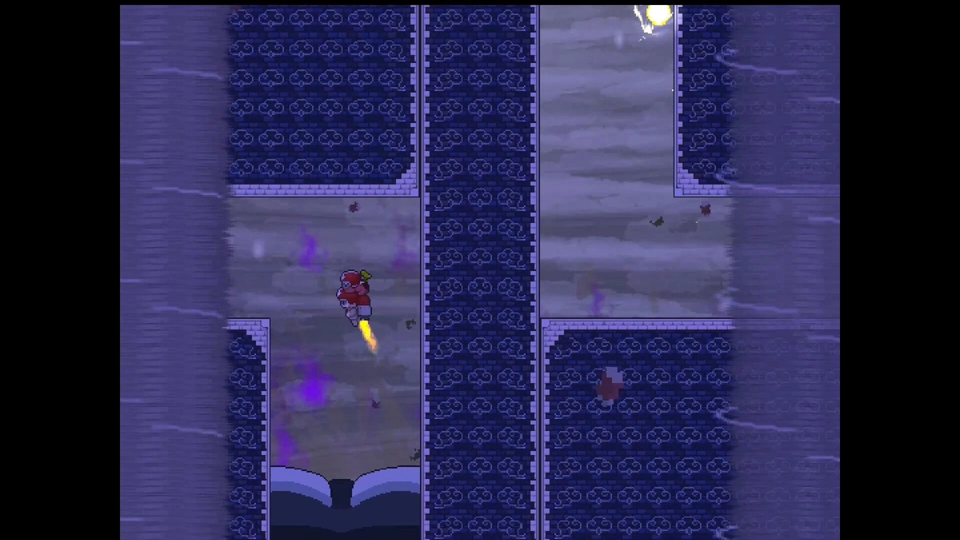 KIN: Bean explorer jetpacks upward through narrow stone corridors with purple mist and debris below.
