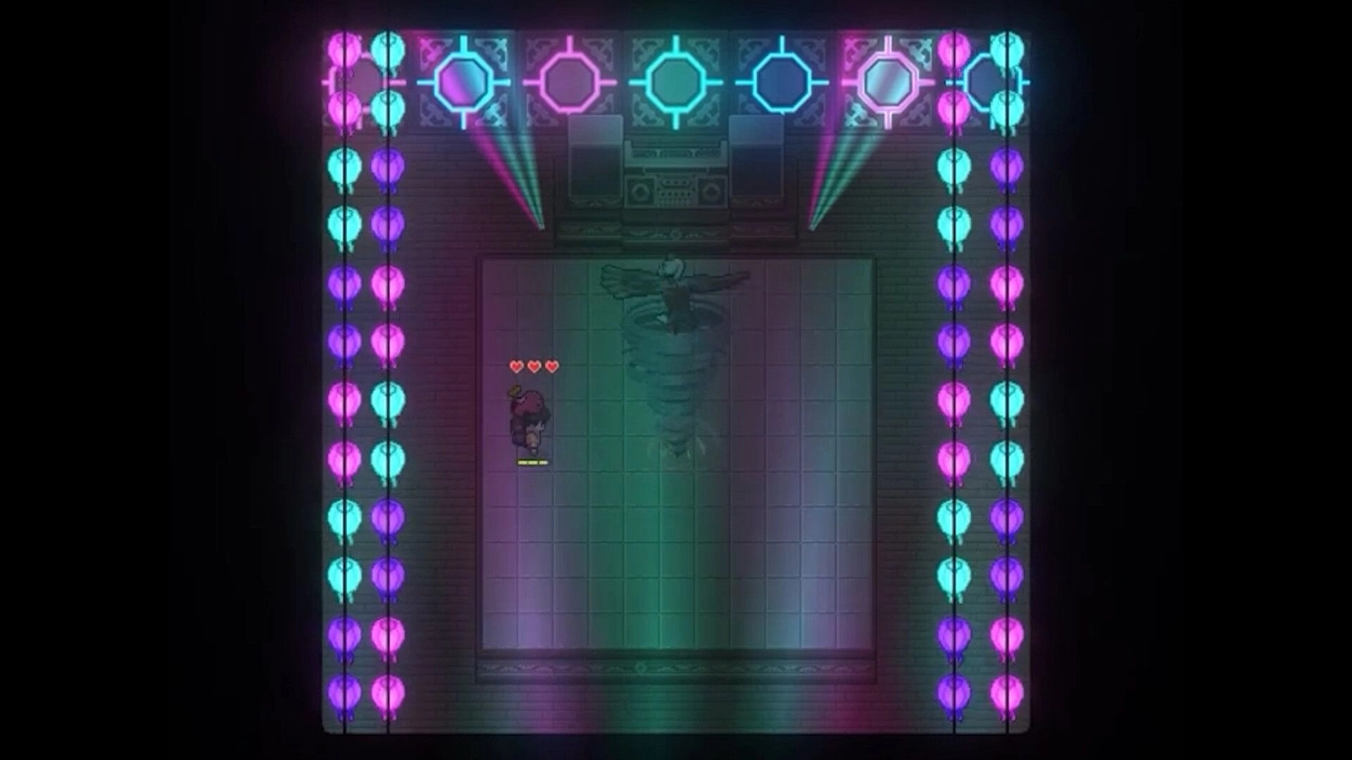 KIN: Player character with three hearts explores neon-lit dance hall with tiled floor and stage lights.