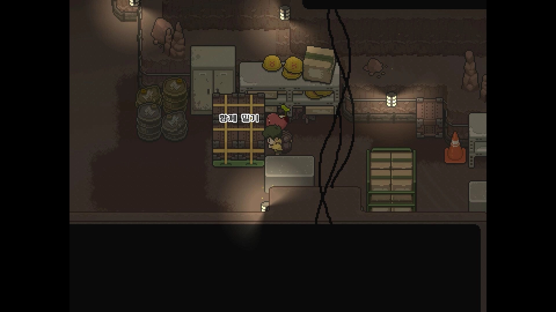 KIN: Two characters push a strapped crate together in a dim warehouse with shelves, barrels, lamps.
