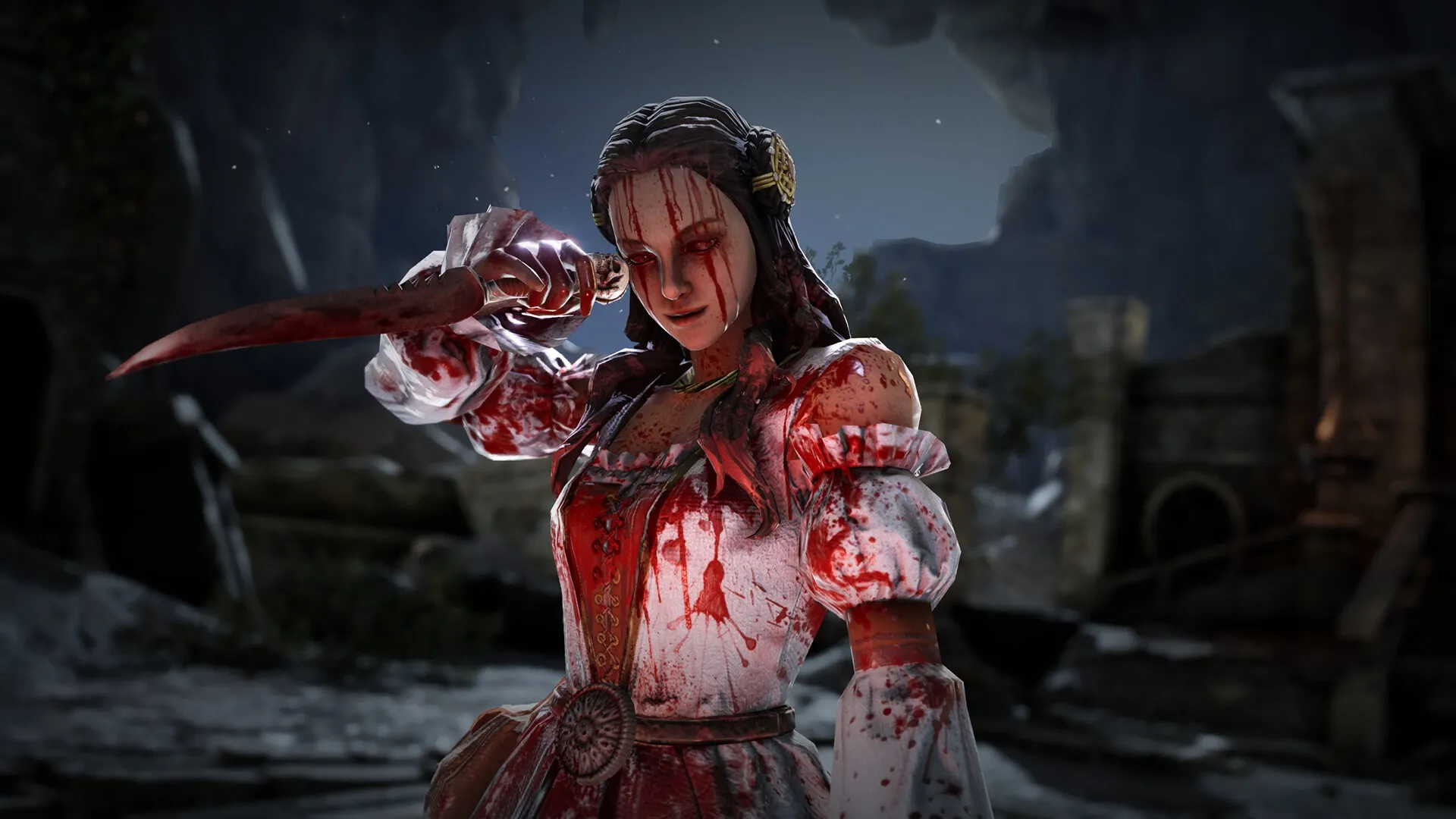 King Arthur: Blood-soaked female character wielding dagger in dark, ruined stone courtyard