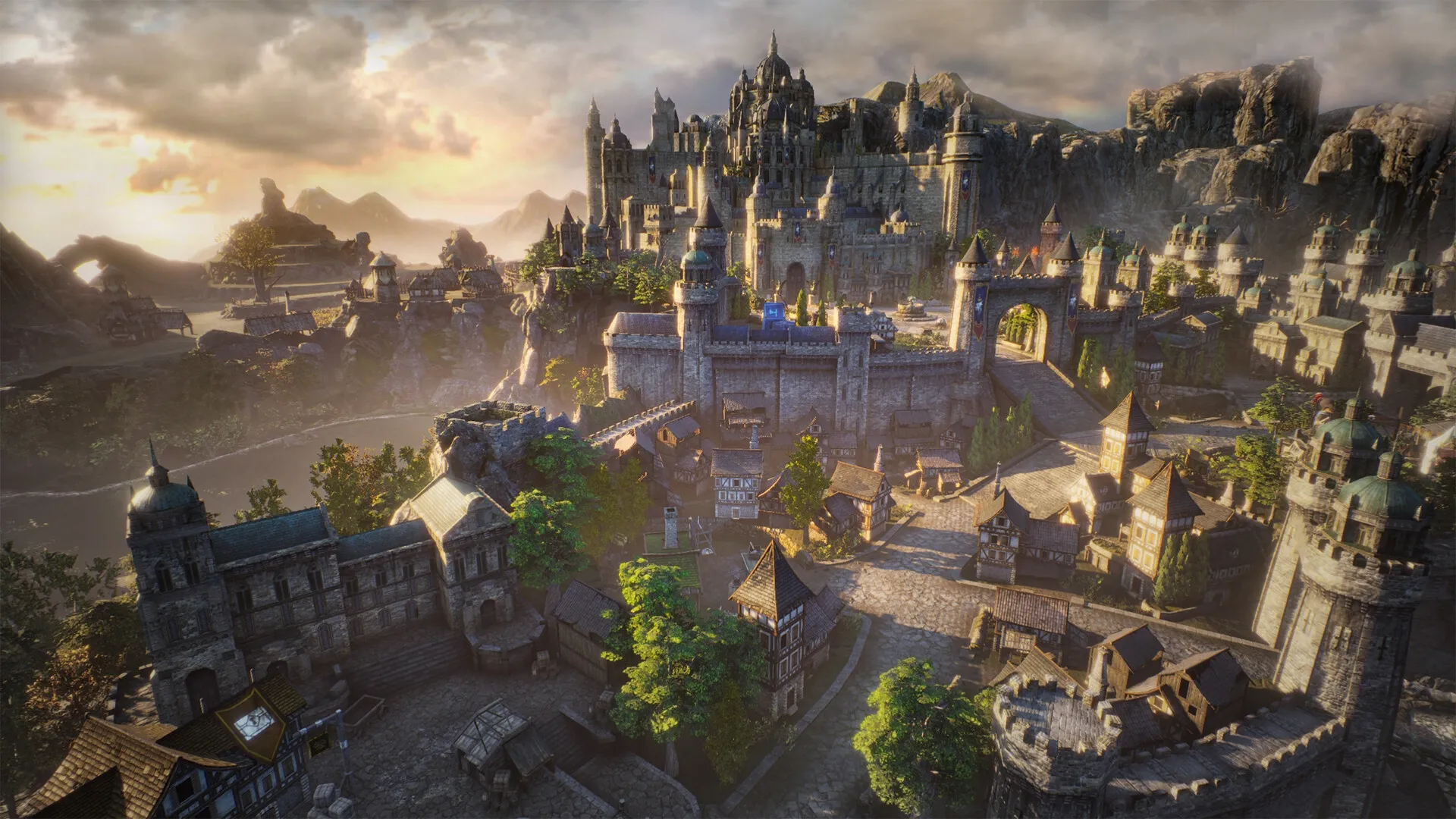 King Arthur: Expansive medieval cityscape with towering castle walls and surrounding village buildings