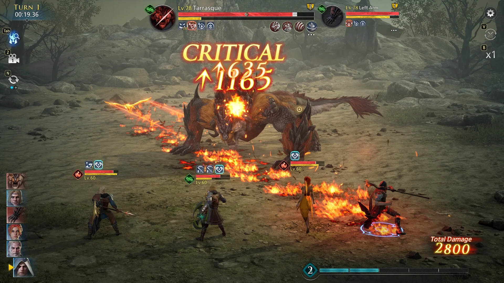 King Arthur: Heroes battle a fiery Tarrasque in a barren landscape, dealing critical damage.