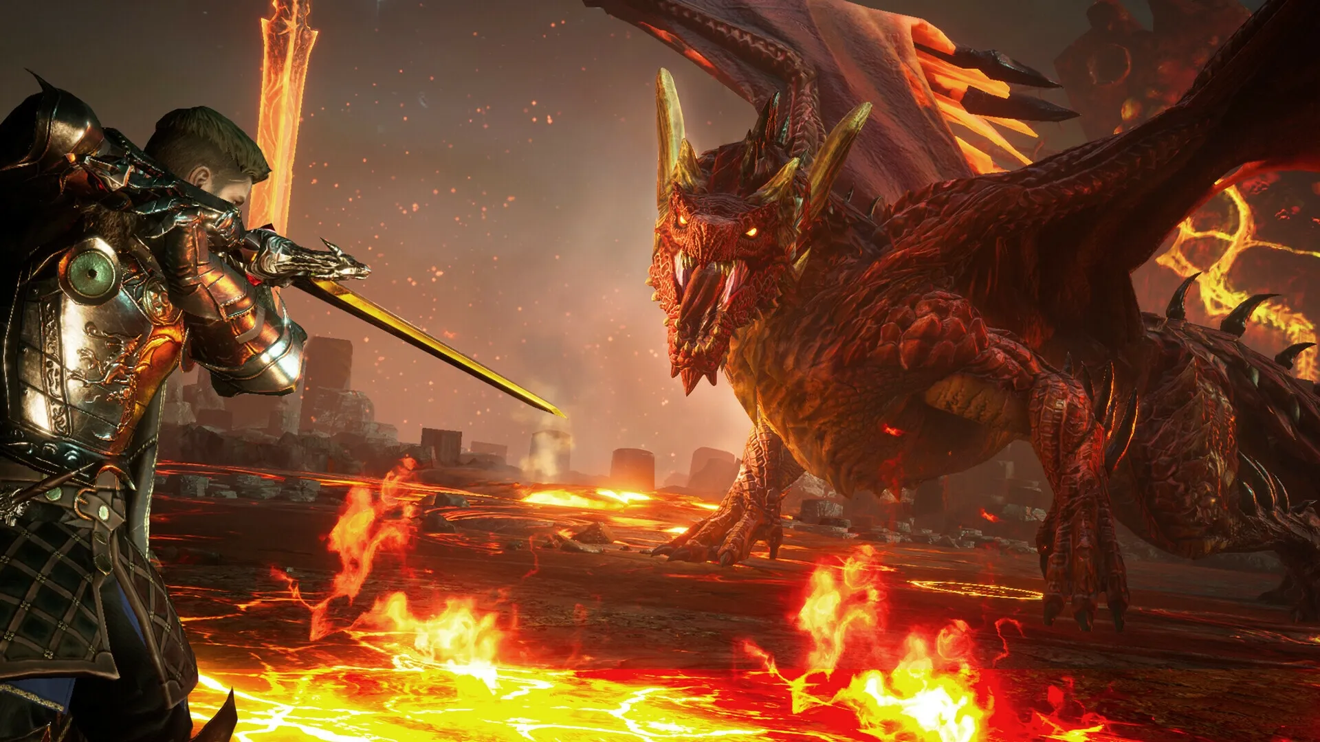 King Arthur: Hero in armor battling a red dragon in a fiery lava-filled landscape