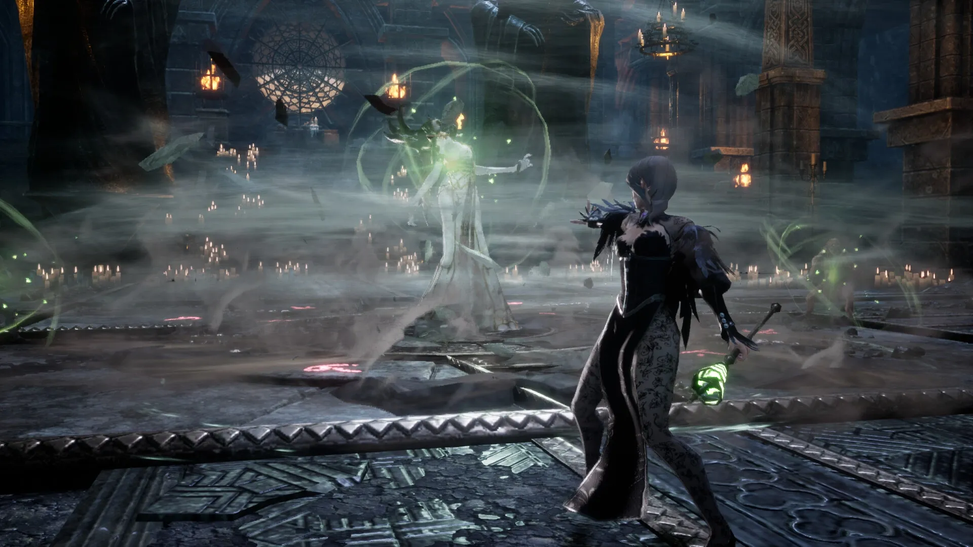 King Arthur: Sorceress casting spell in dark cathedral with swirling mist and glowing green lights