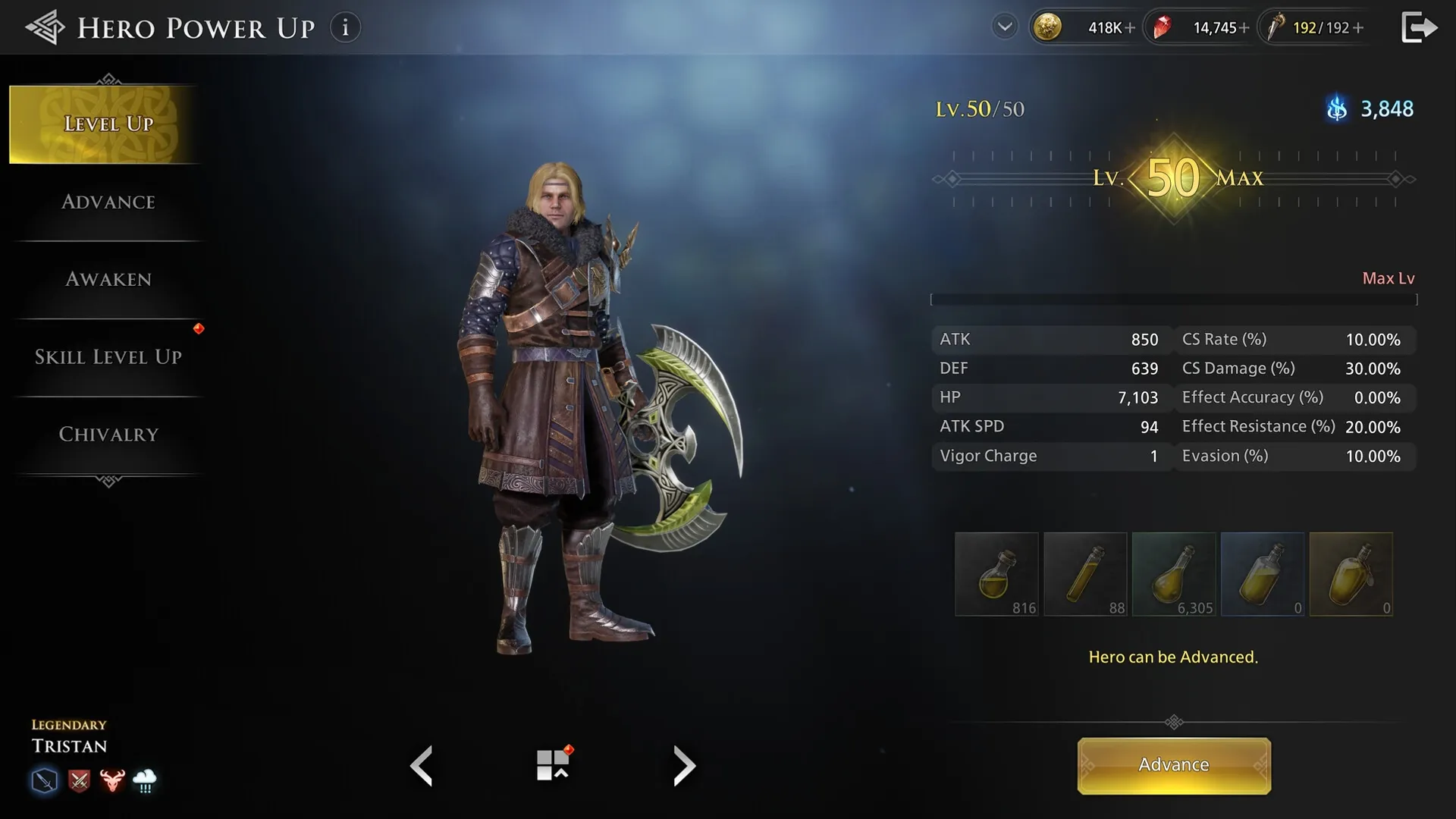 King Arthur: Tristan character upgrade screen with stats, level 50, and advance options in menu