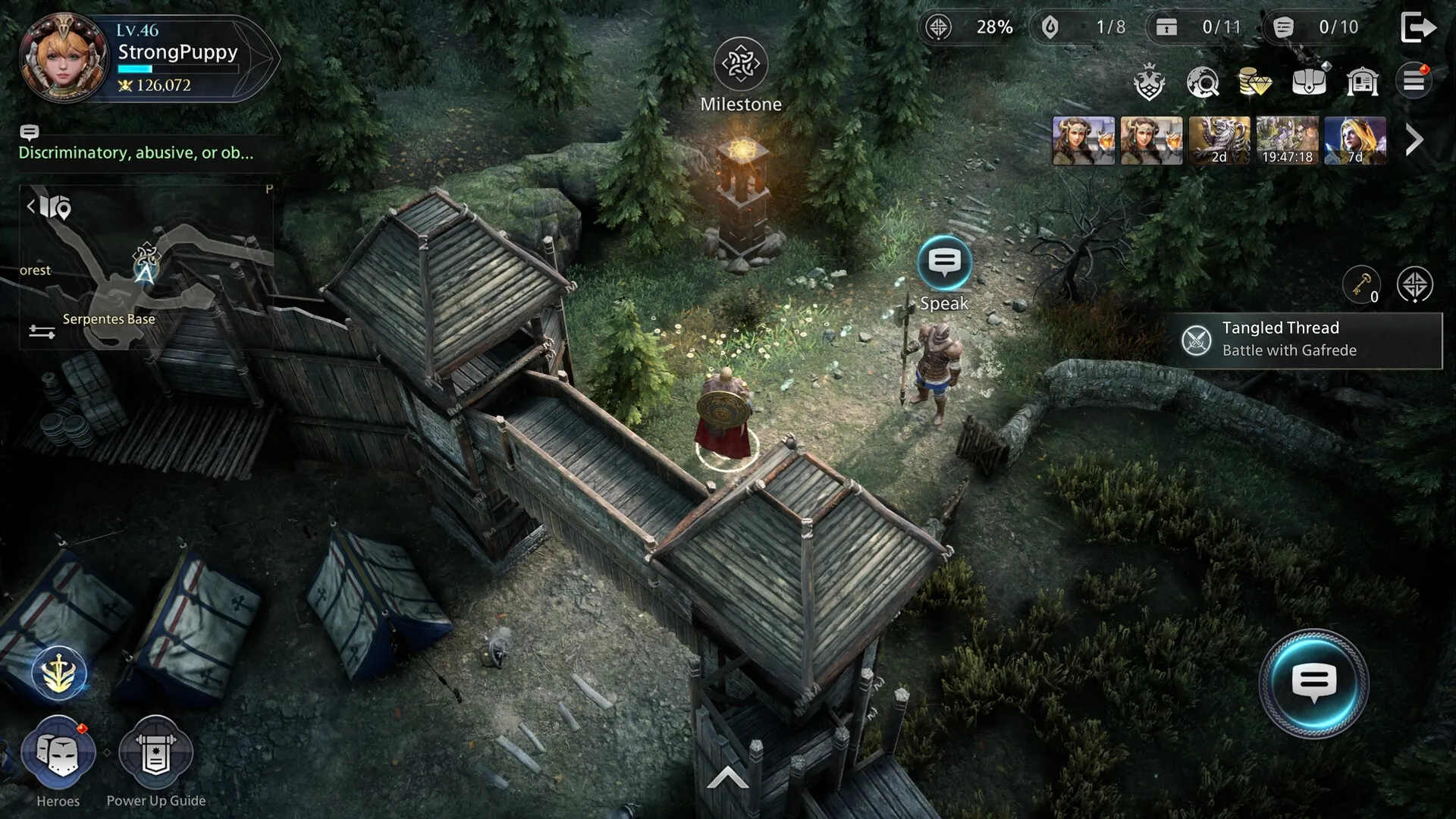 King Arthur: Player character StrongPuppy at wooden fort entrance, ready to speak with NPC in forest.