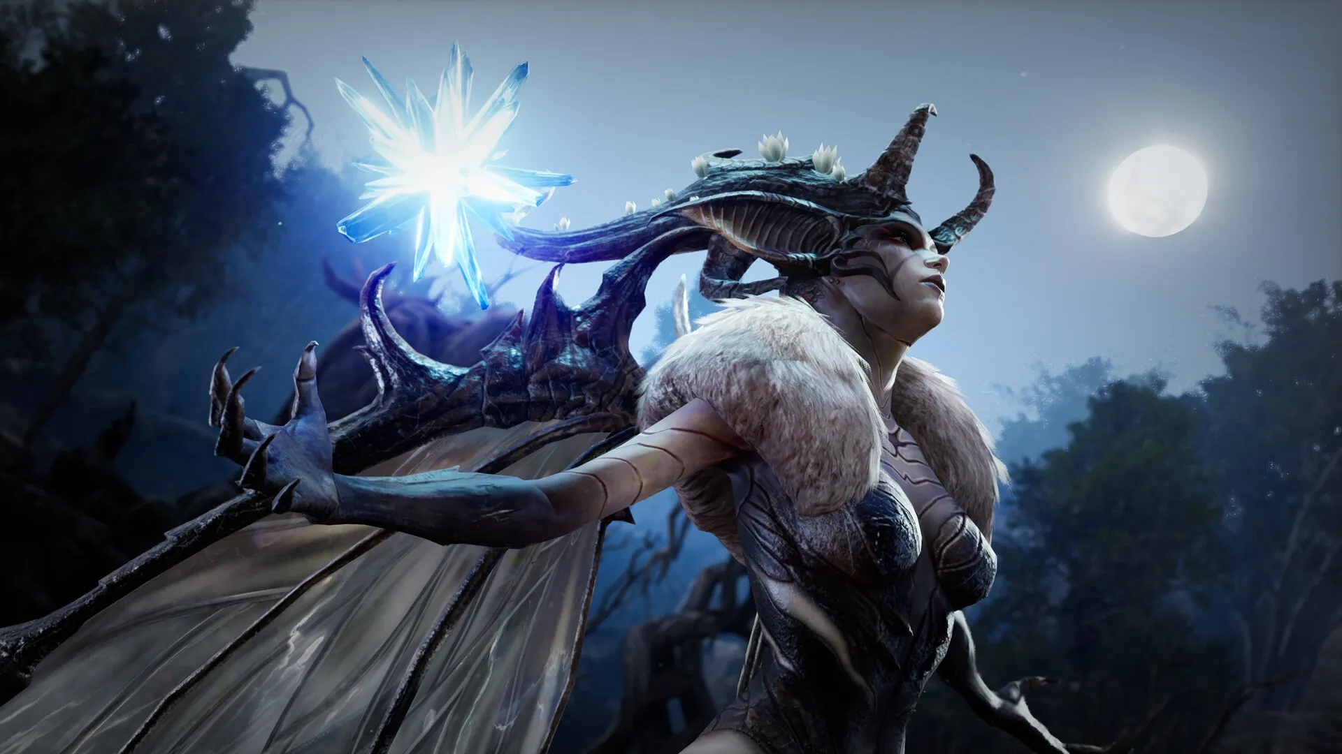 King Arthur: Mystical horned creature conjuring icy magic under a full moon in a dense forest setting