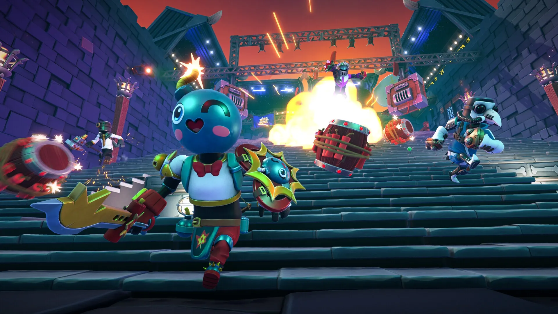 King of Meat: Colorful characters dodge explosive barrels on a grand staircase in an arena setting.