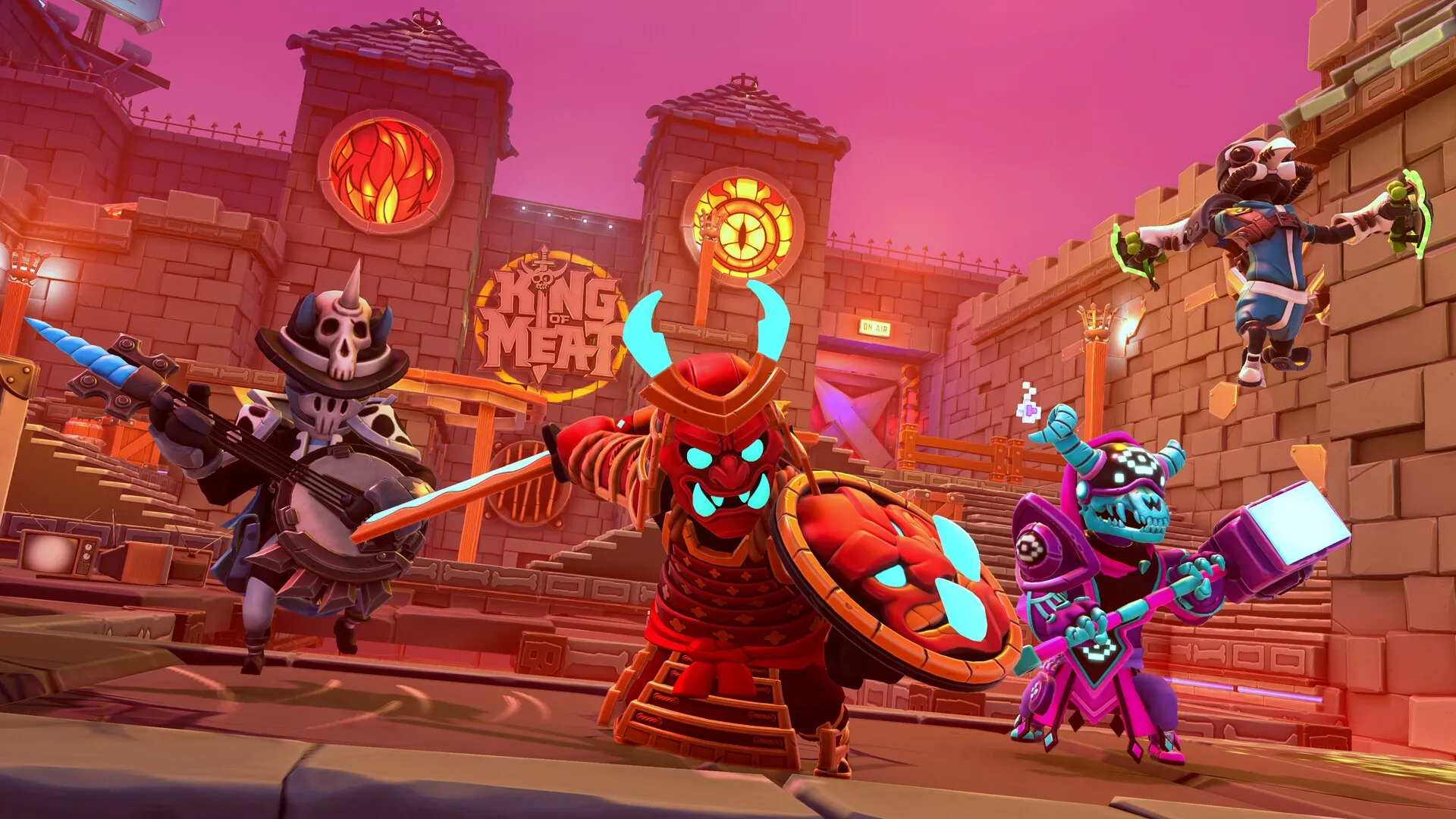 King of Meat: Four armored characters in colorful costumes battle in a medieval-themed arena.