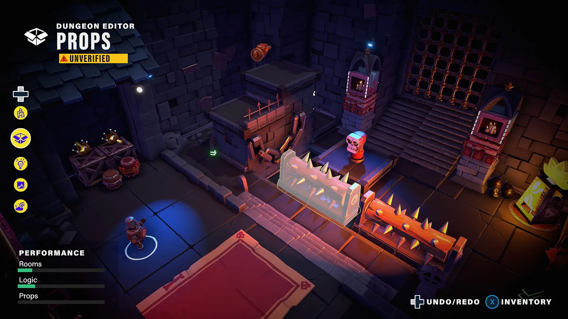 King of Meat: Dungeon editor with props and traps in a dimly lit stone chamber environment
