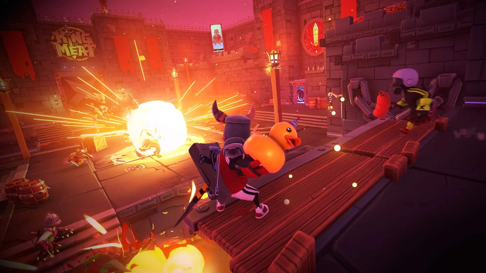 King of Meat: Characters with rubber duck and sausage battle amidst explosions in fortress arena