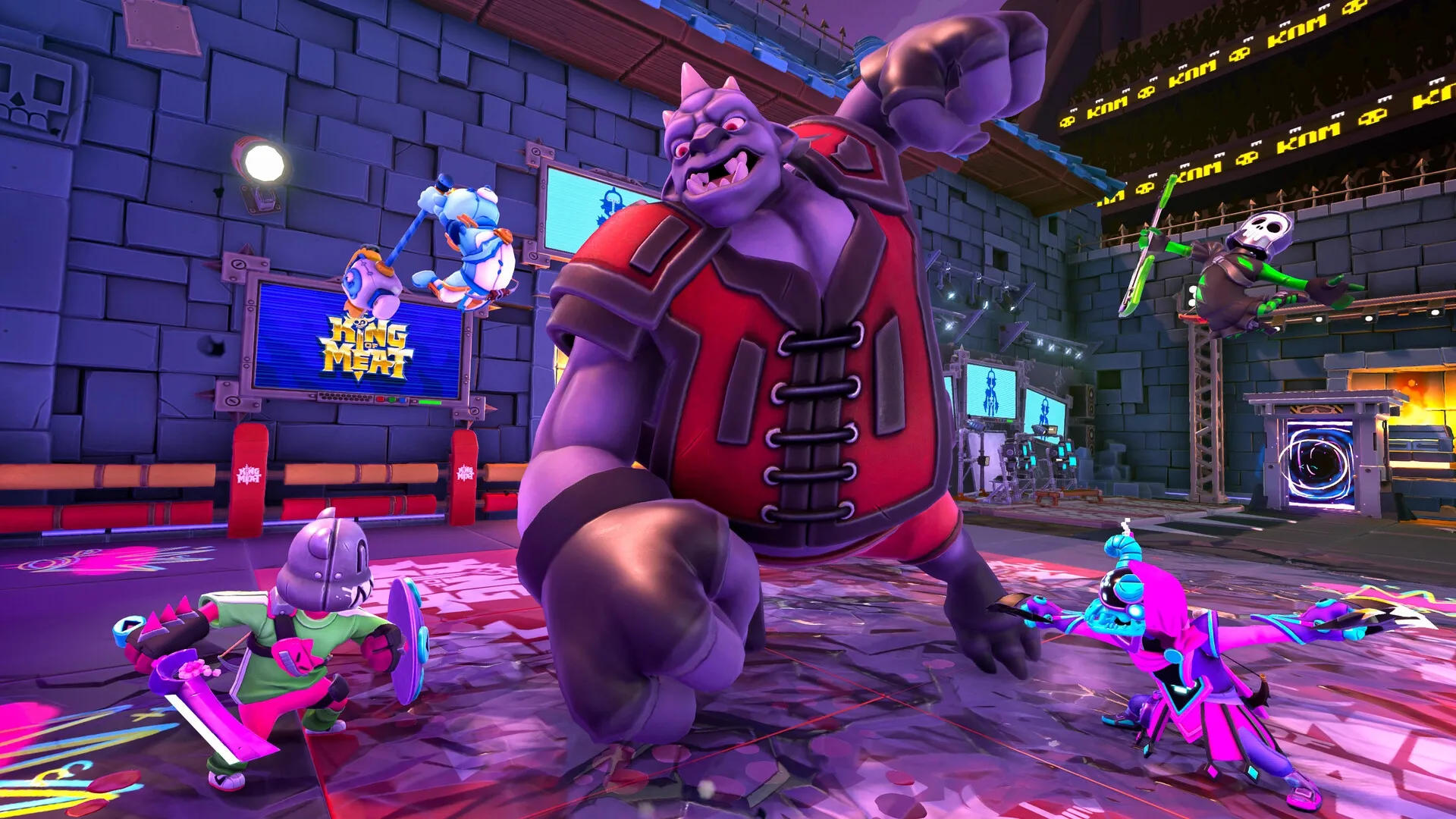 King of Meat: Giant creature in red armor fights diverse warriors in a neon-lit arena with cheering crowd.