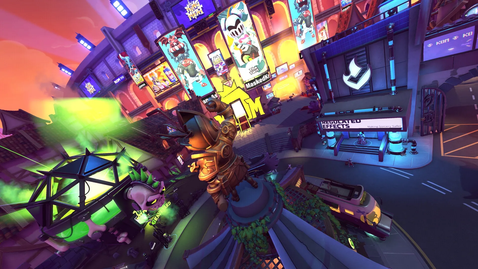 King of Meat: Vibrant cityscape with neon lights, giant character statue, and colorful billboard ads