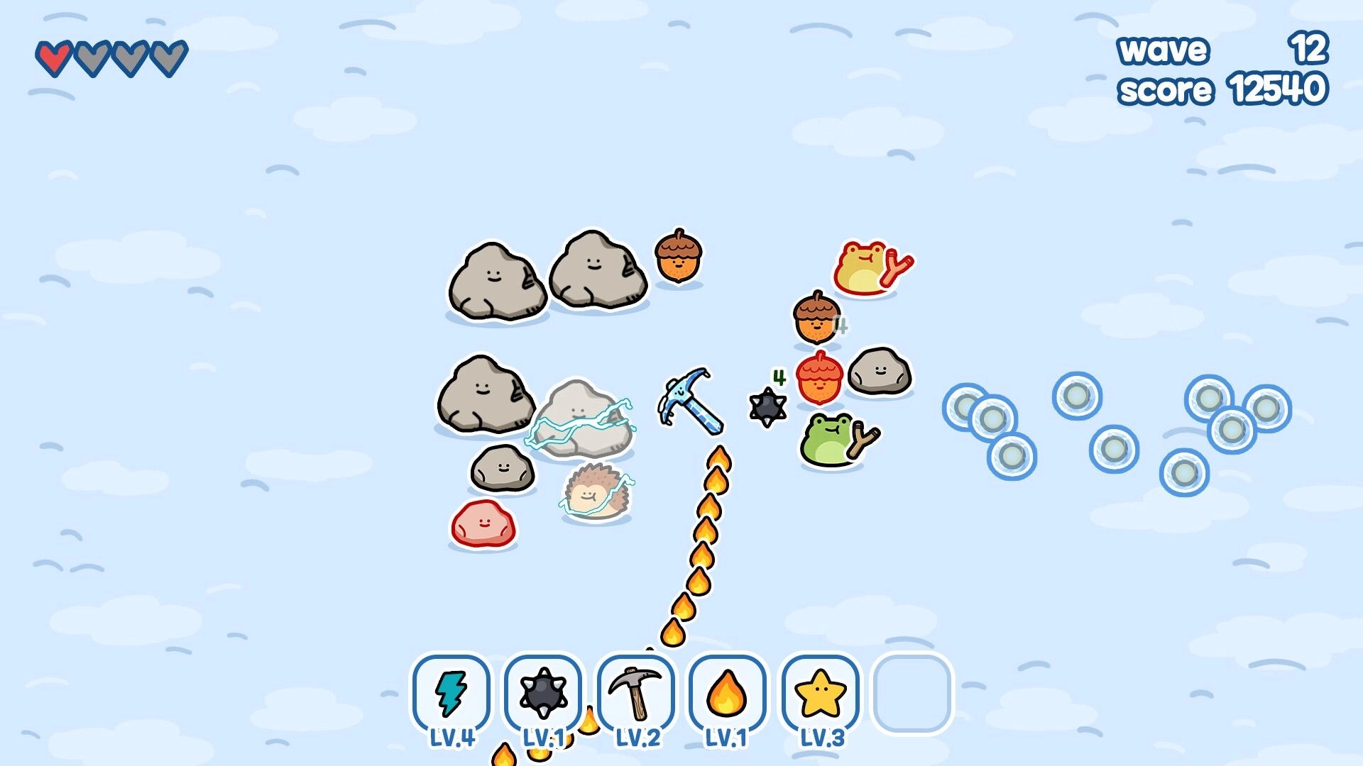 King of Pickaxe: Pickaxe swings amid cute rocks and critters in cloudy sky, wave 12 score 12540 UI.