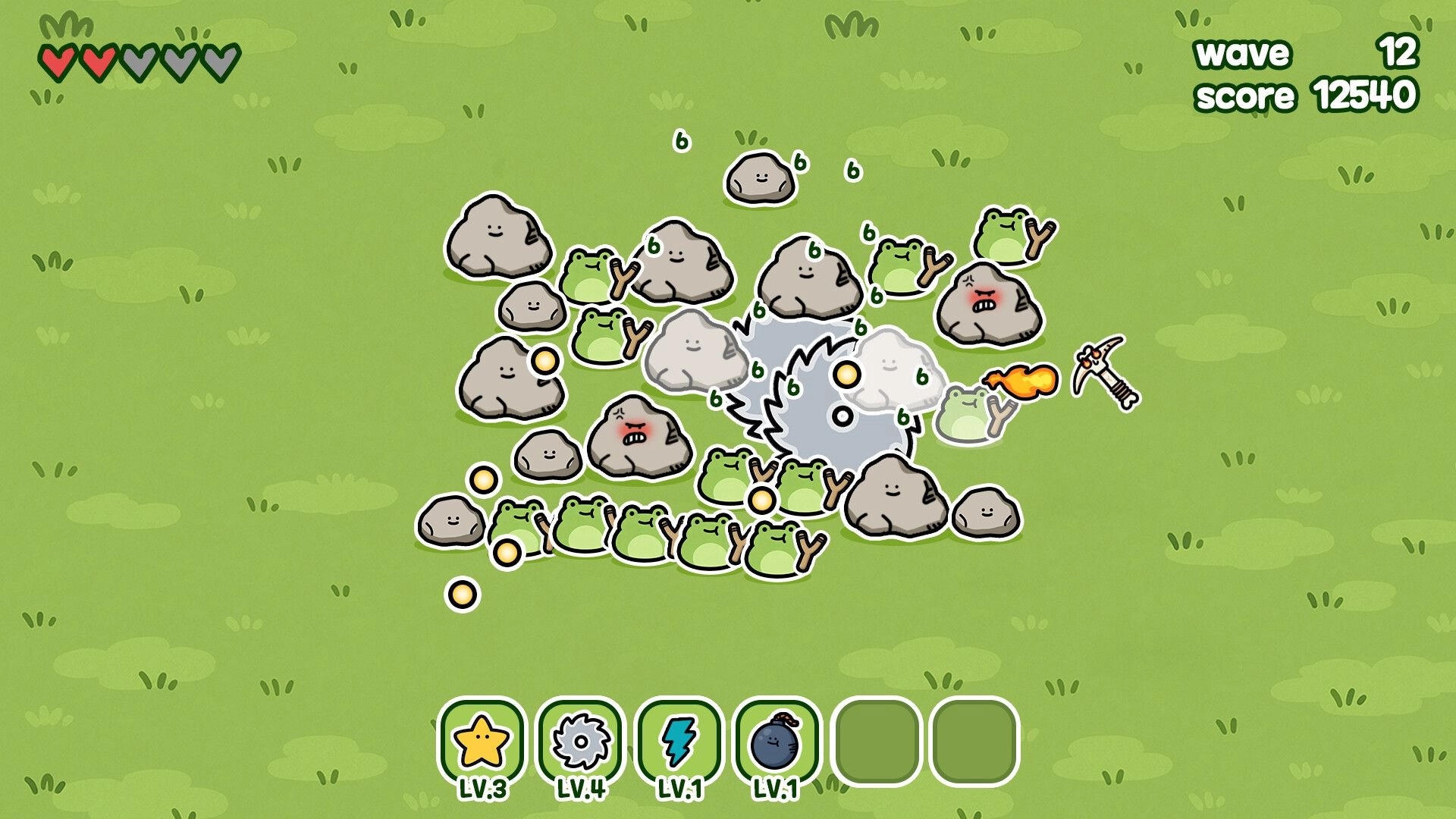 King of Pickaxe: Pickaxe attack hits clustered rocks and frogs on grassy field, wave 12 score 12540.