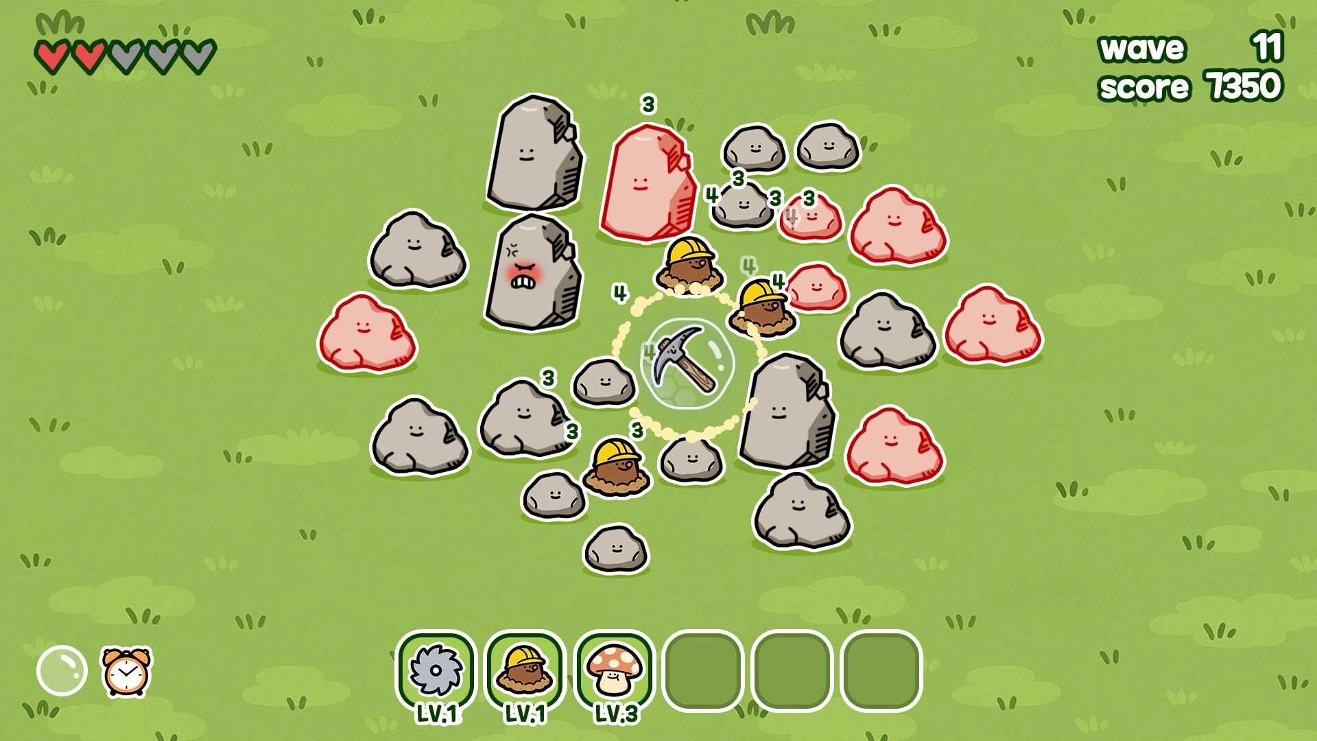 King of Pickaxe: Pickaxe spins amid smiling rocks in grassy arena, wave 11 score 7350 UI visible.