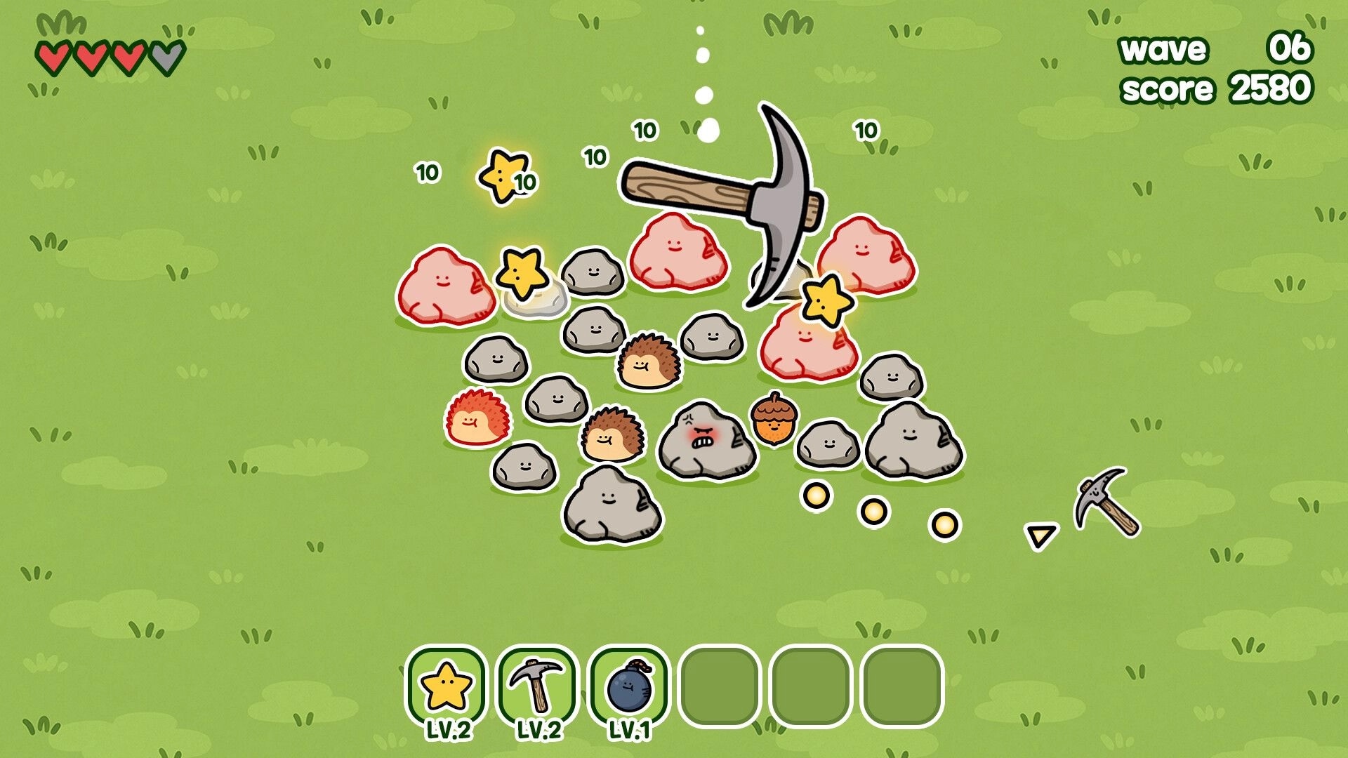 King of Pickaxe: Pickaxe swings at cute rocks and hedgehogs on green field, wave 06 score 2580 UI.