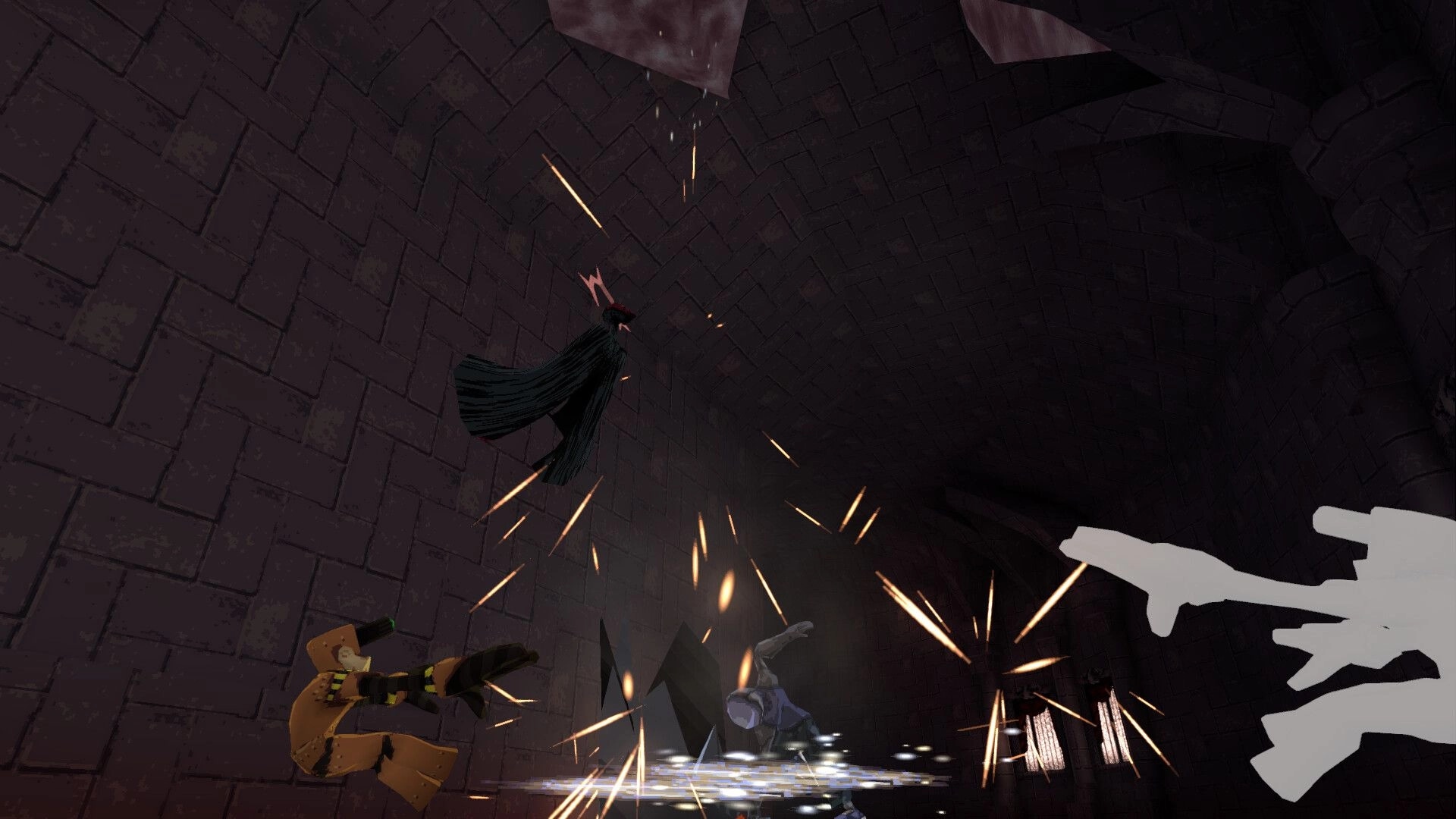 King Static: Dynamic combat in dark dungeon, characters mid-air with sparks and debris around