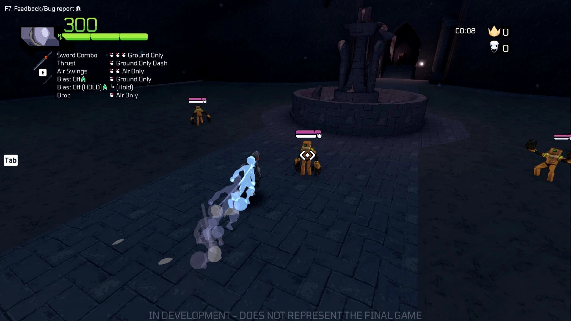 King Static: Player character dashes towards two robotic enemies in a dark arena with health bar visible.