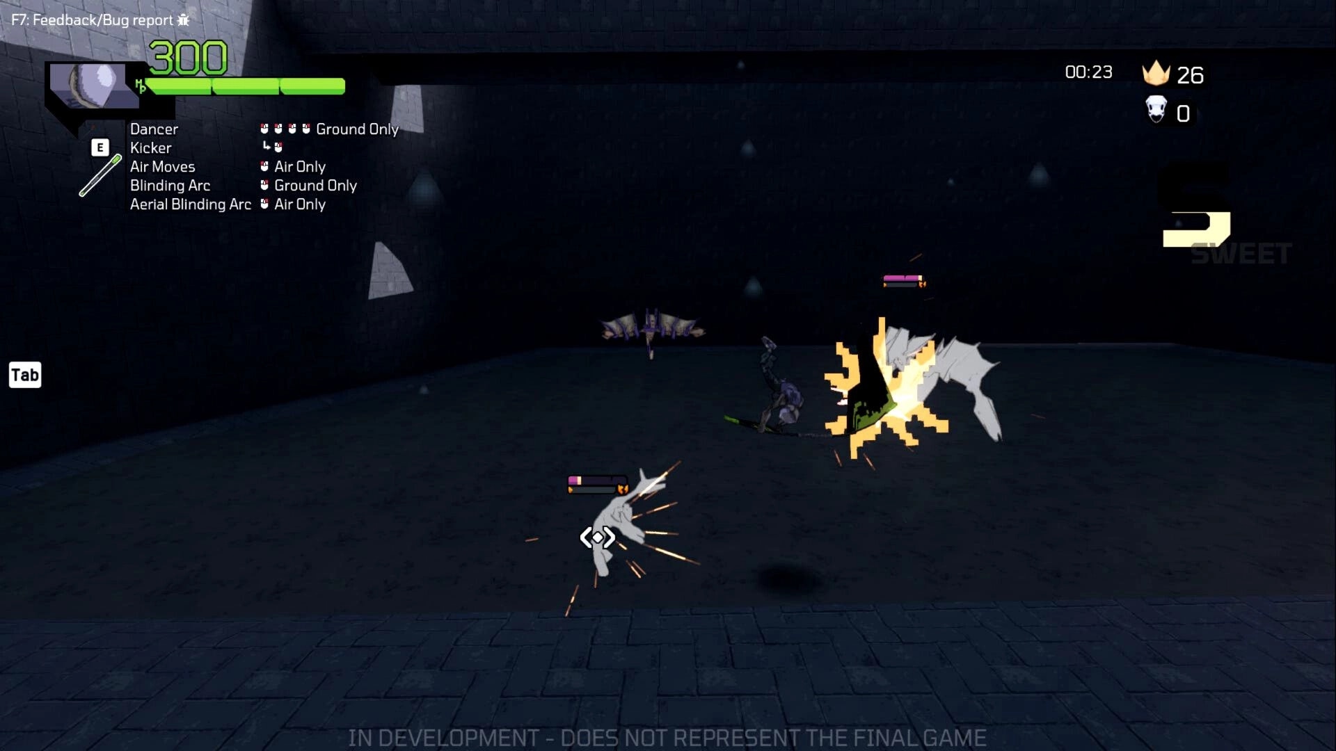 King Static: Player character combats enemies in a dark arena with health and skill HUD visible