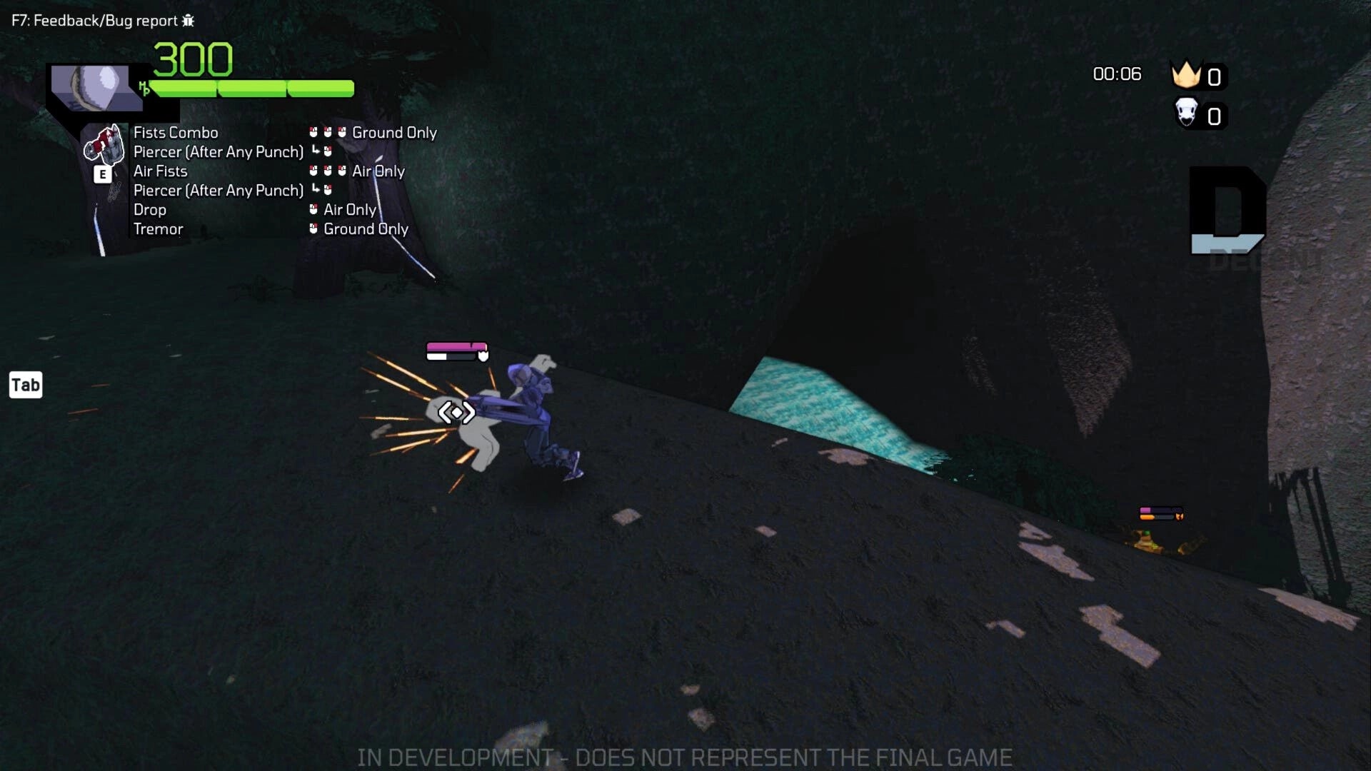 King Static: Player fighting in dark forest with combat moves displayed on-screen and health bar visible