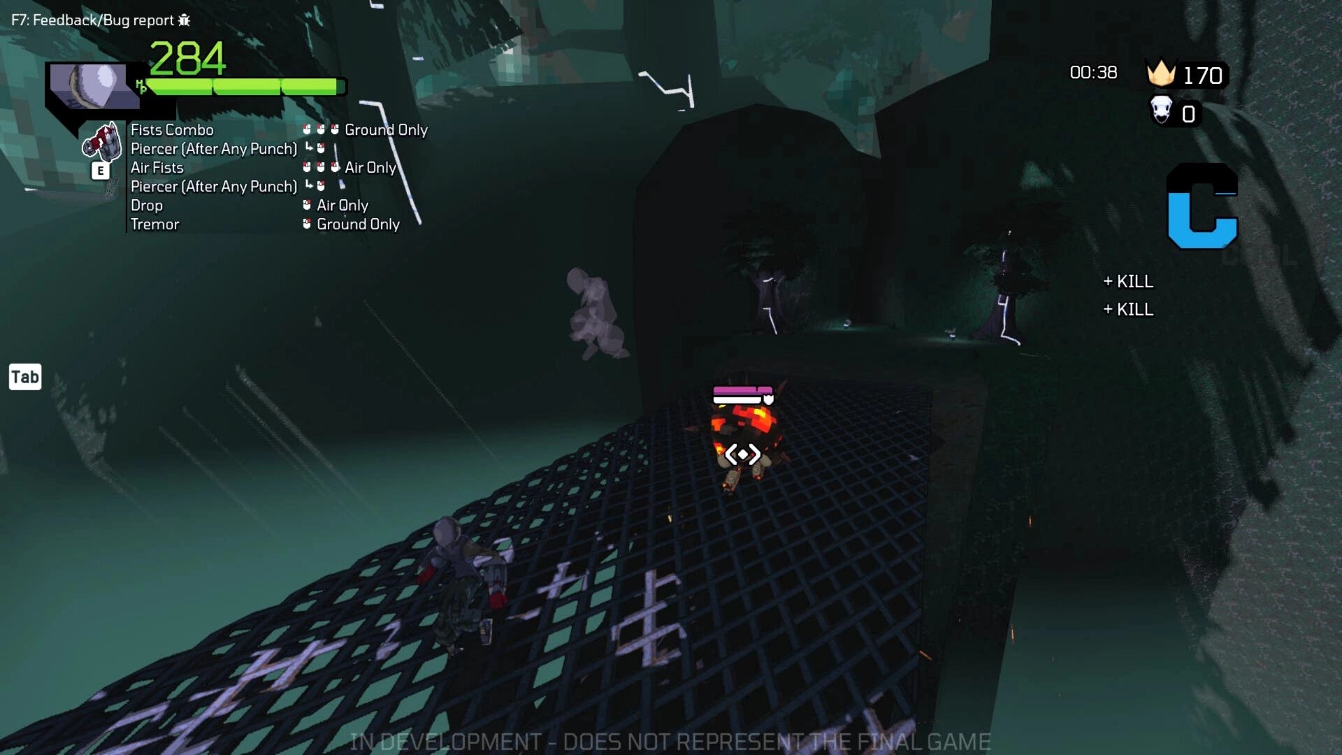 King Static: Third-person combat on a dark platform with health bar and attack options displayed