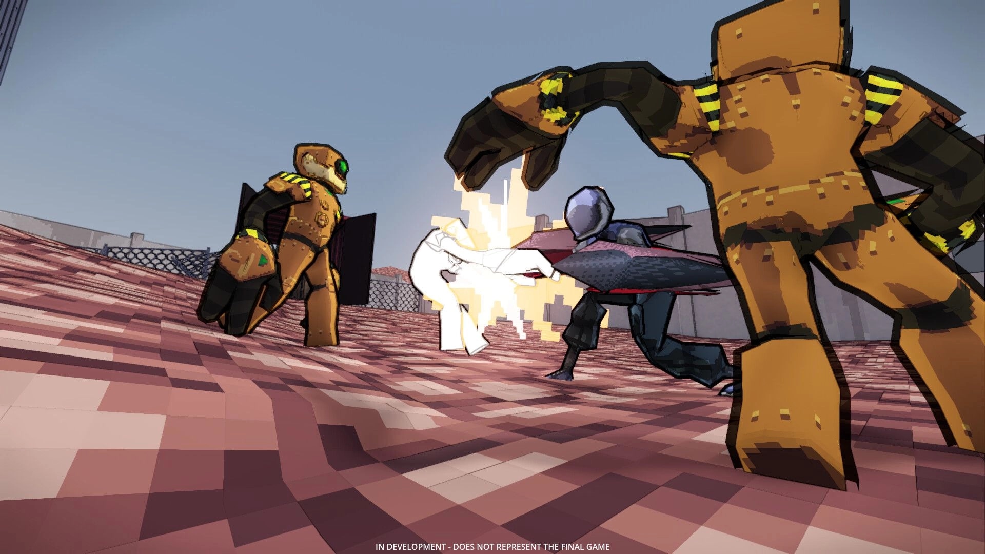 King Static: Intense arena combat with three robotic fighters clashing in a stylized environment