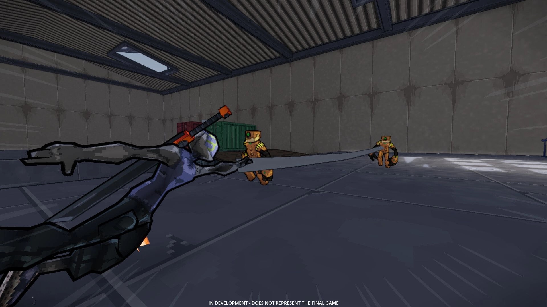 King Static: Sword-wielding player lunges at two robot enemies in an industrial-style arena.