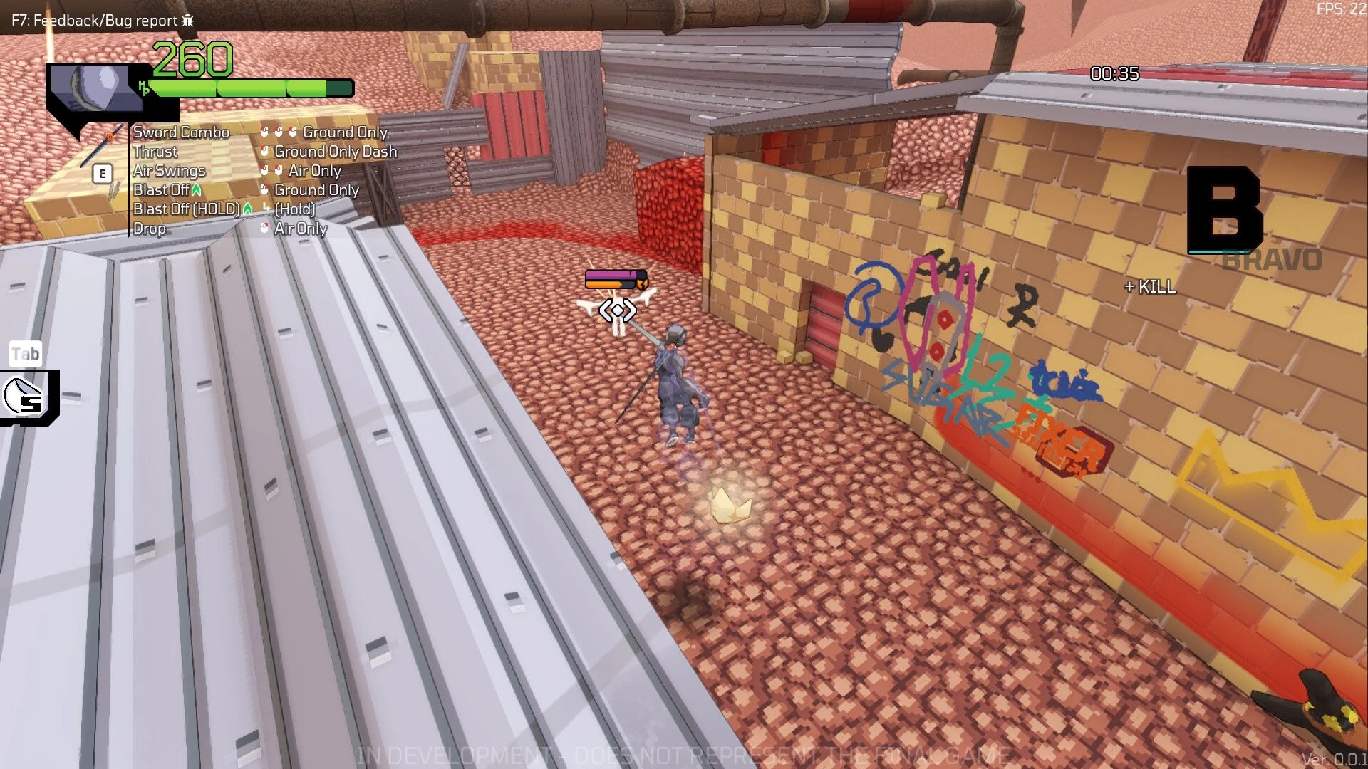 King Static: Player navigates graffiti-covered alley with sword drawn, health bar and abilities displayed.