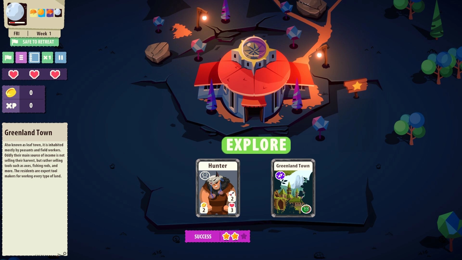 Kingdom of Cards: Exploring Greenland Town with Hunter card, UI showing health, coins, and XP tabs
