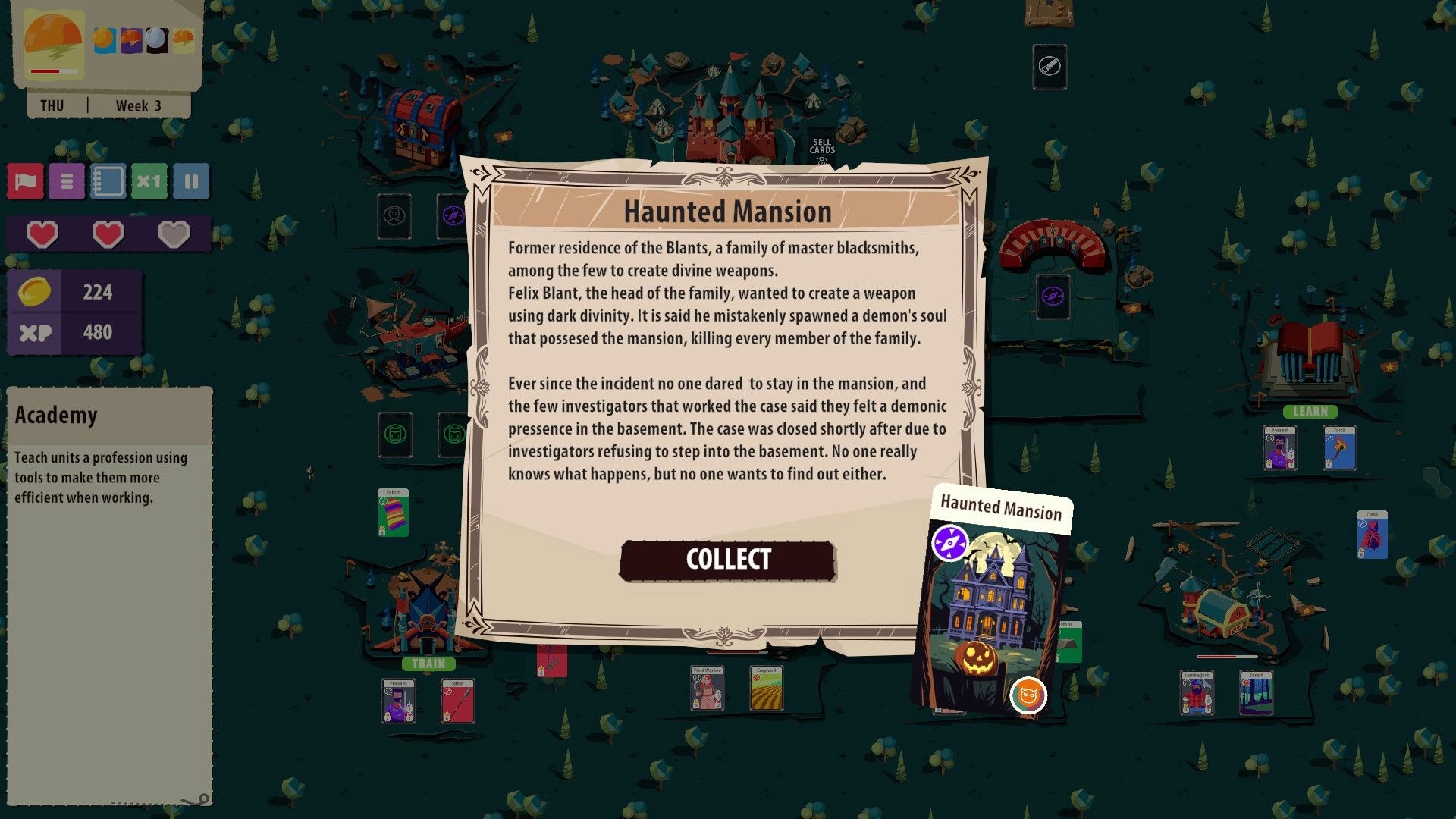 Kingdom of Cards: Haunted Mansion event card with description and collect button on dark map background