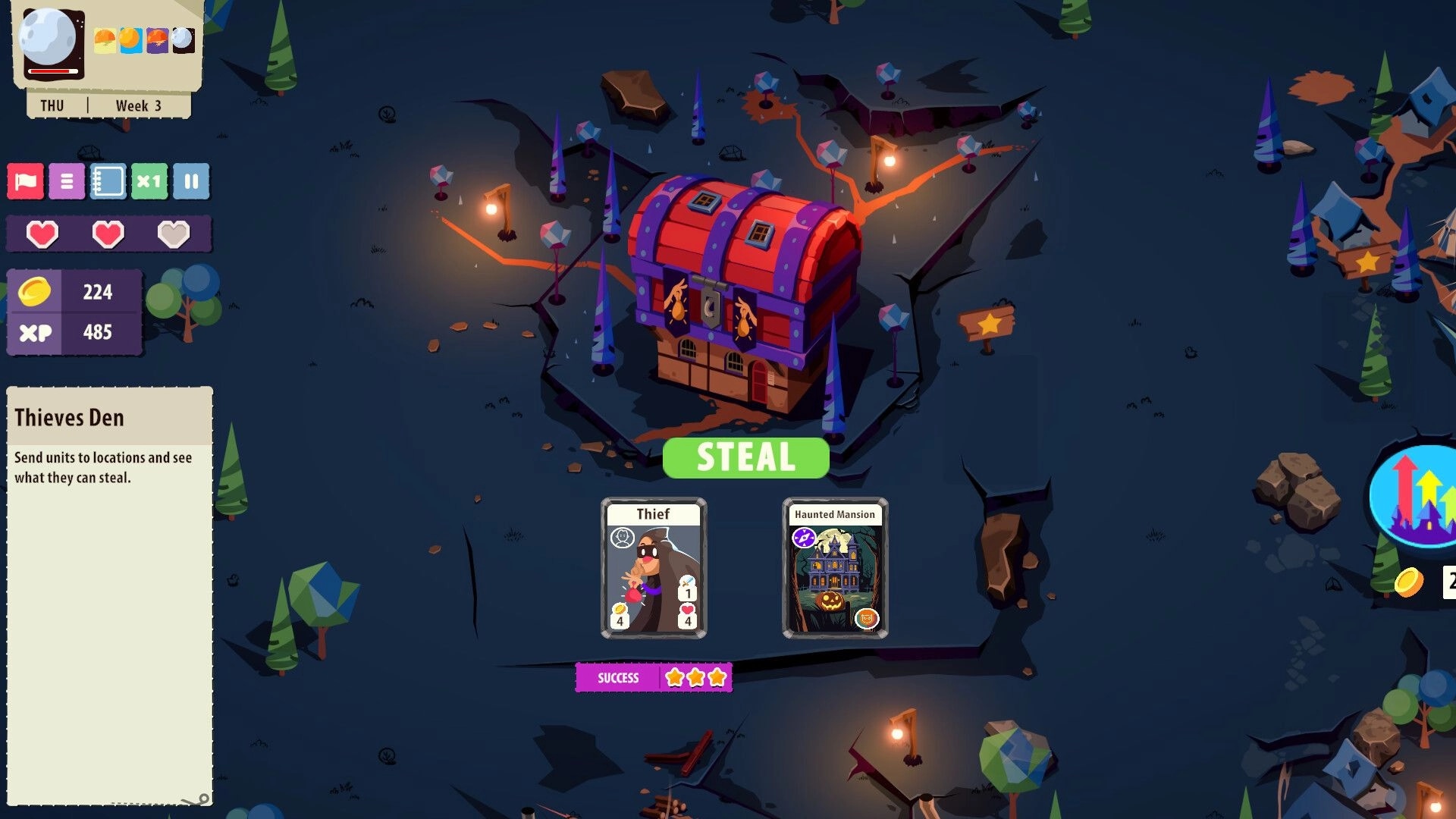 Kingdom of Cards: Thieves Den interface with loot cards and a large chest in a dark, forested area
