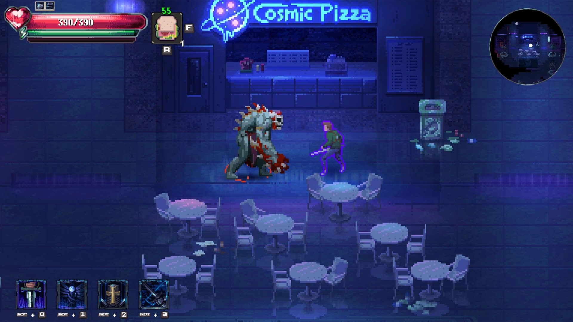 Kingdom of Night: Player battles a demon inside a neon-lit pizzeria with health bar and skills visible