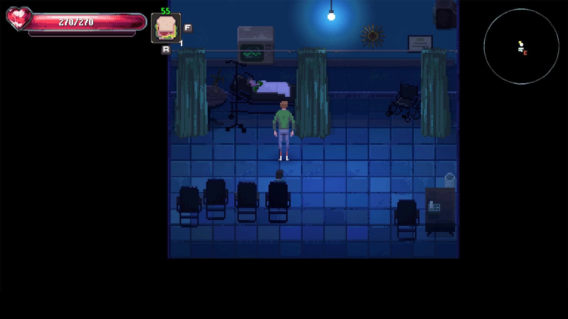 Kingdom of Night: Player in hospital room with heart monitor, health bar, and mini-map visible