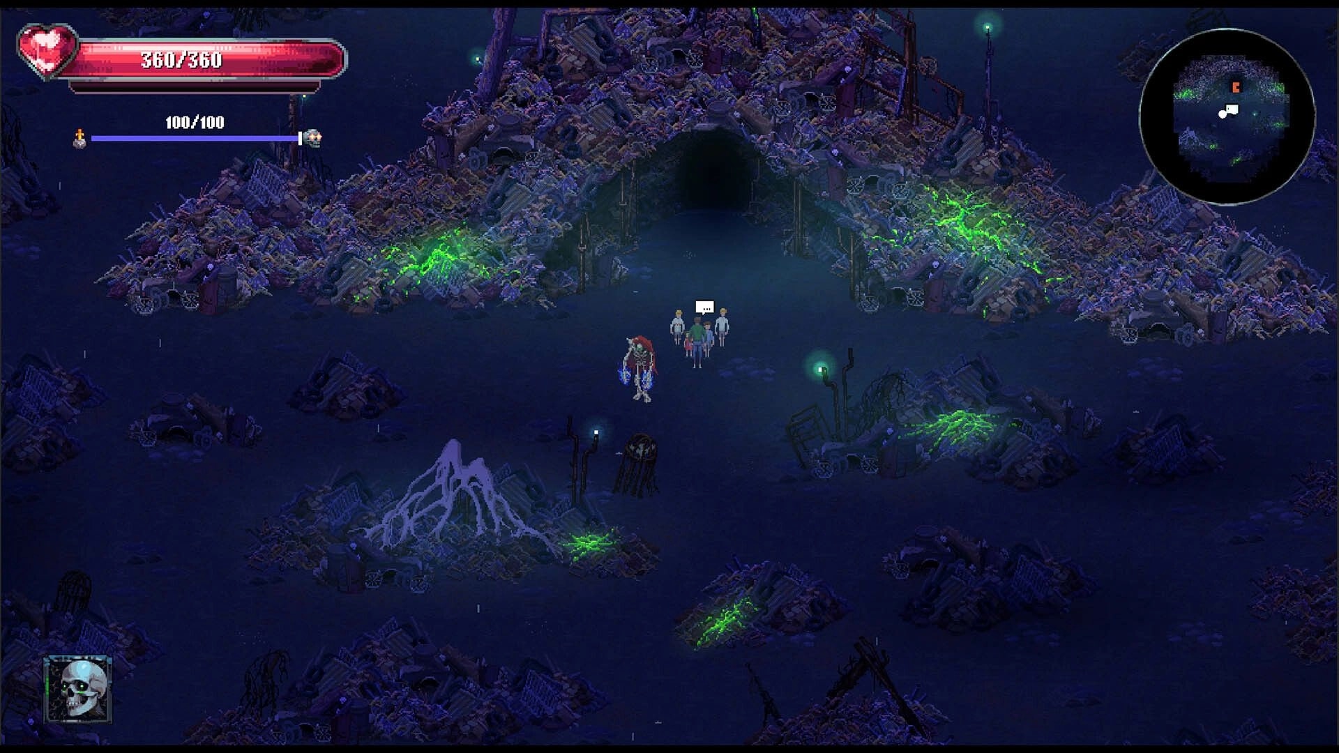 Kingdom of Night: Characters explore junkyard with glowing green areas and health bar displayed